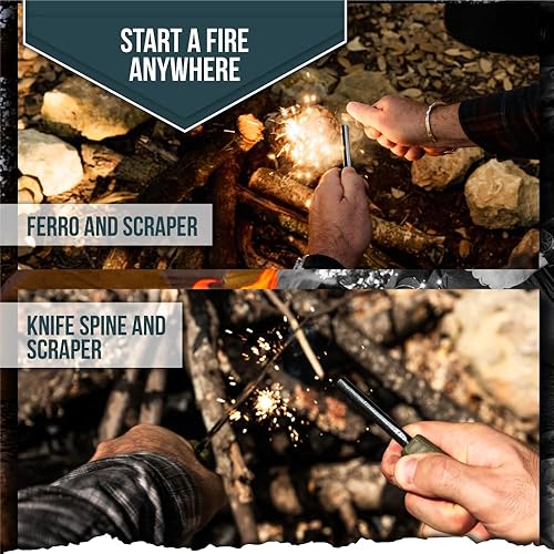 Miniatura 7 de Holtzman's Gorilla Survival Cuchillo de camping de hoja fija 'Congo' con arrancador de fuego, raspador G10 y Paracord (verde)