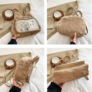 Kawaii Cat Plush Backpack, Y2K Ita Pin Display Bag, Cute Shoulder Crossbody Purse (Brown)