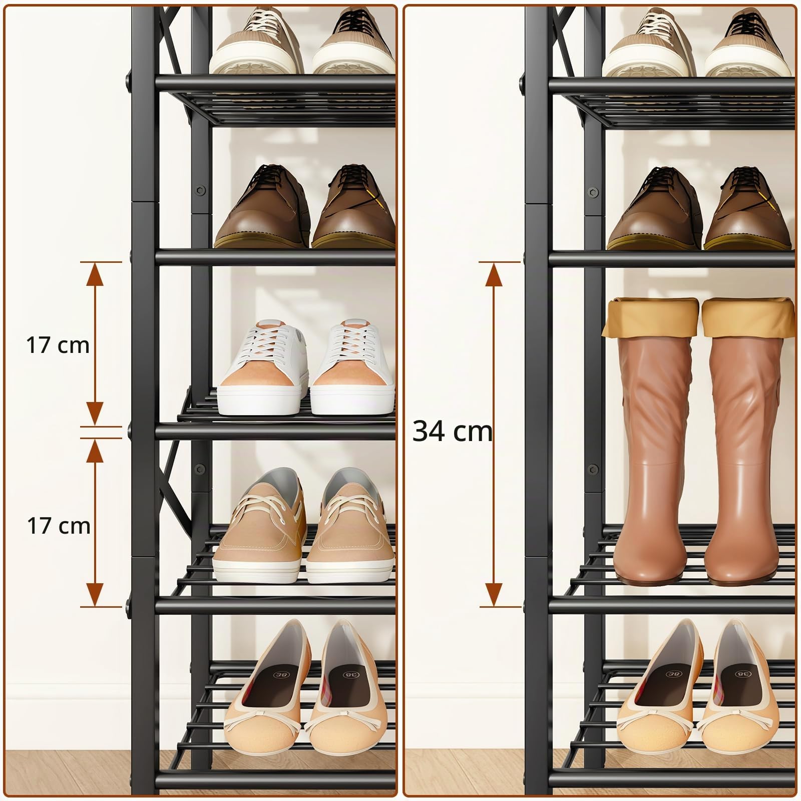 IBUYKE Schmal Schuhregal mit 12 Etagen, Vertikales Hohe Schuhregal mit Ablage für 24 Paar Schuhe, Platzsparend Metall Schuhablage für Eingang Flur Wohnzimmer, Rustikale Braun und Schwarz TXJ012H