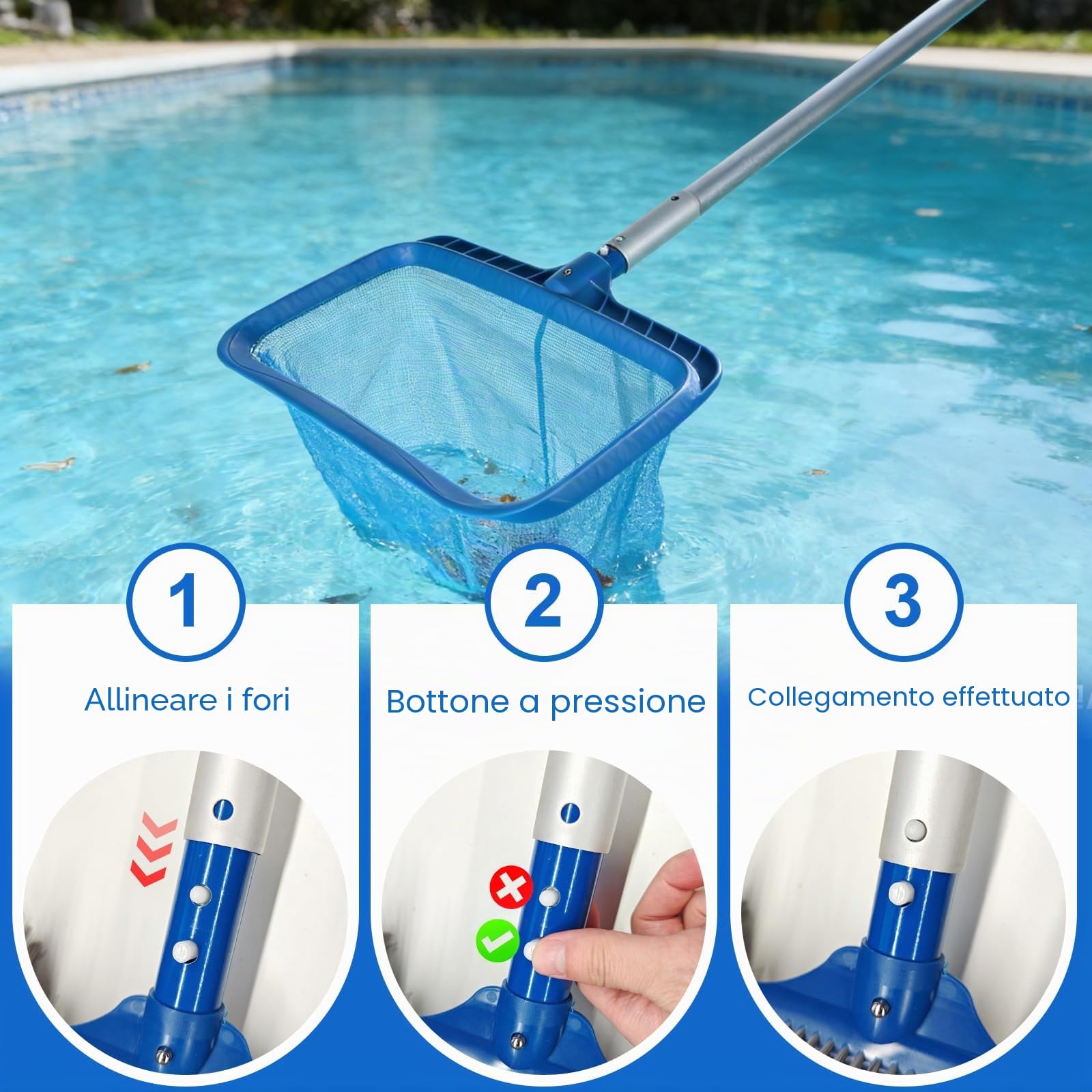 EFUTURETIME 3 Pezzi Set di Pulizia per Piscine, Retino per Fondo, 43cm Spazzola per Piscina Arrotondate con 2,7m Asta Telescopica in Alluminio, Robusto e Rimovibile Può Essere Rapidamente