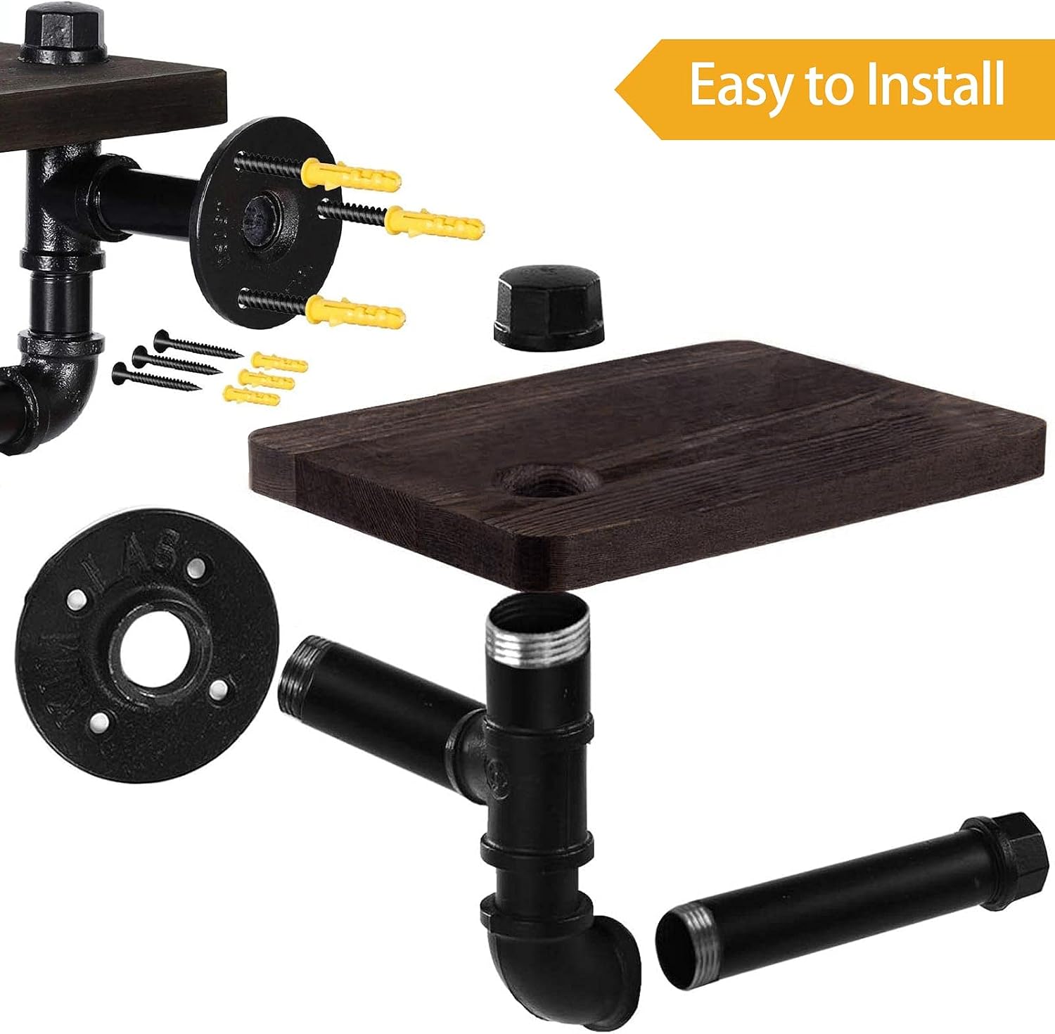 Toilet Paper Holder with Shelf, Industrial Wall Mounted Tissue Roll Hanger with Rustic Wooden Shelf for Bathroom, Washroom (Black)