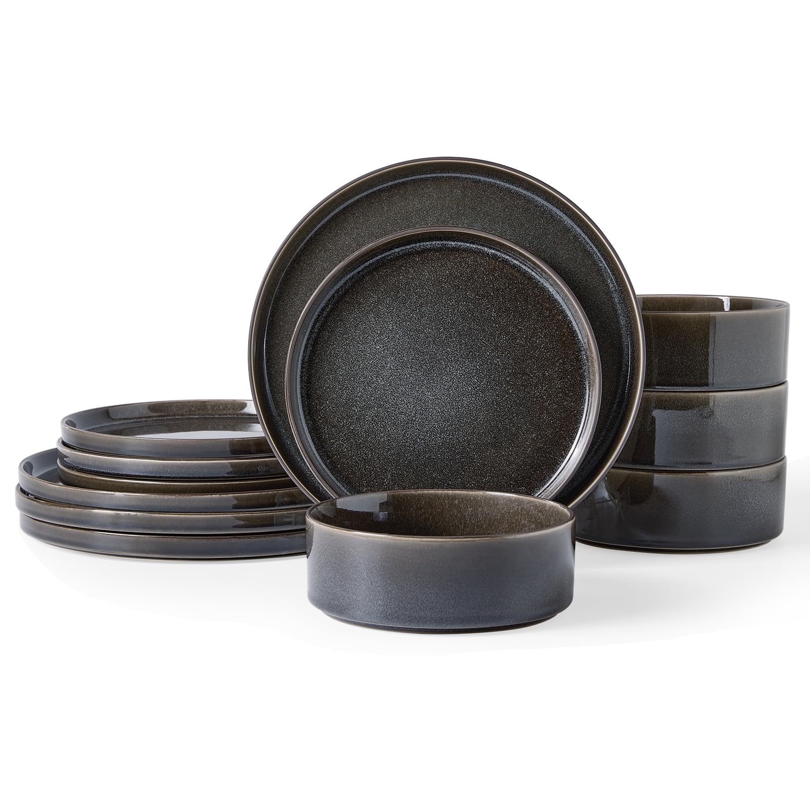 MONITO Ceramic Dinnerware Sets - Ceramic Plates and Bowls, Service for 4(12pcs), Microwave and Dishwasher Safe, Perfect Housewarming Gift, Galactic Black