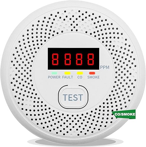 Detector de monóxido de carbono y humo, pantalla LCD, funciona con pilas, sensores duales, alarma de voz de 85 dB y seguimiento en tiempo real,