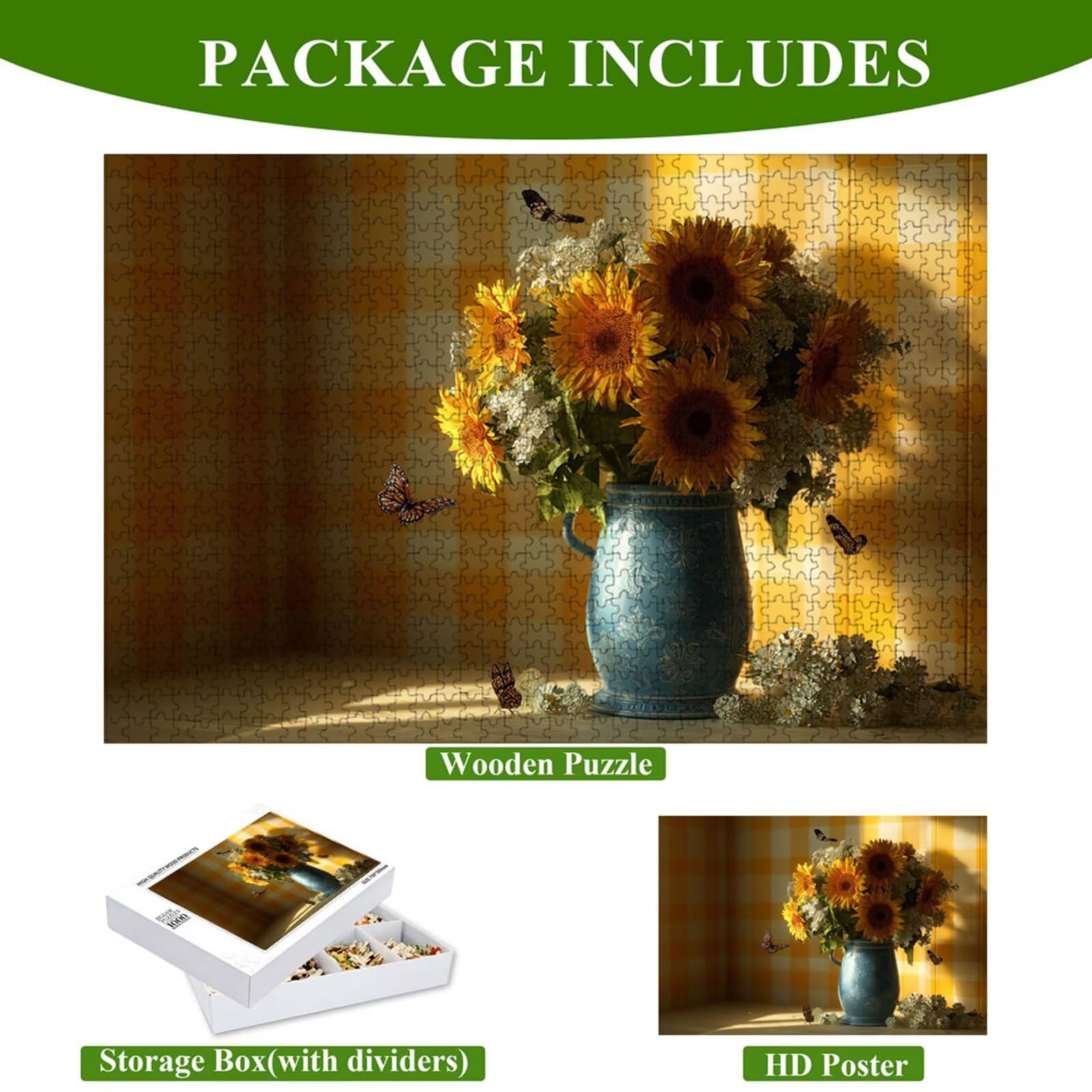 Puzzle 2000 elementów - Słonecznik i krajobraz - Trwałe drewniane puzzle z literami z tyłu - 70 x 100 cm - Kreatywne hobby bez kurzu - Artykuł kolekcjonerski i ponad 14 lat P3#637