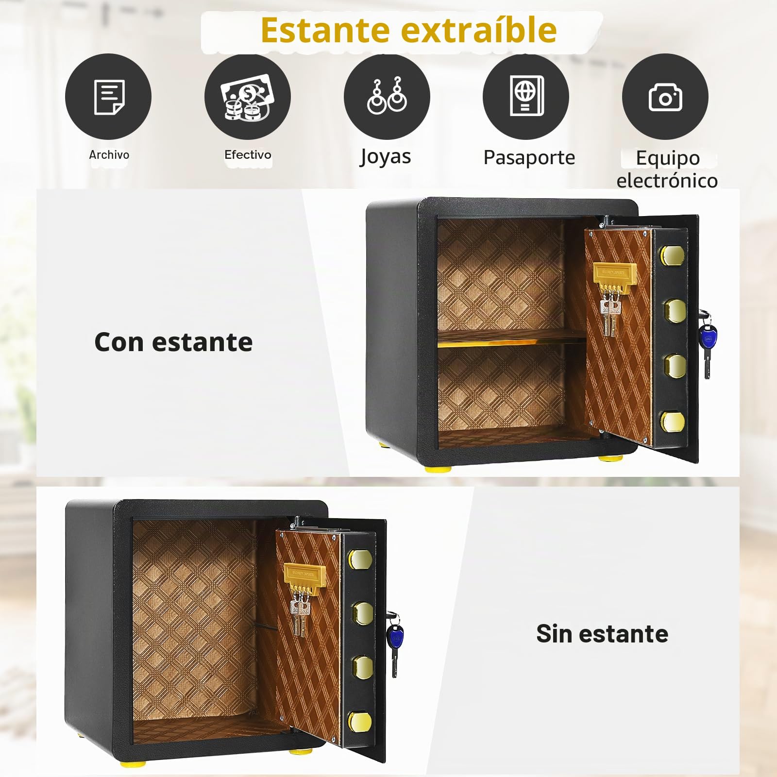 LIFEZEAL Caja Fuerte para Armario, 38 L, Caja Fuerte de Pared, 5 Ganchos, Estante Extraíble, Caja de Seguridad con Cerradura Electrónica de Combinación + Llave, Alarma, 36x31x41 cm