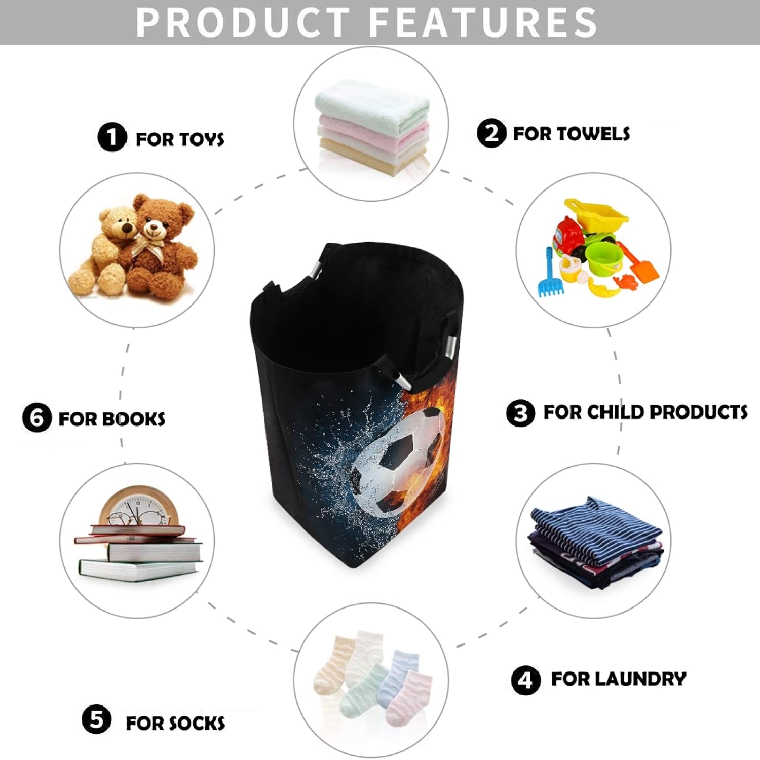 visesunny Large Capacity Laundry Hamper Basket Soccer Ball In Fire And Water Oxford Cloth Storage Baskets for Bedroom, Bathroom, Dorm, Kids Room