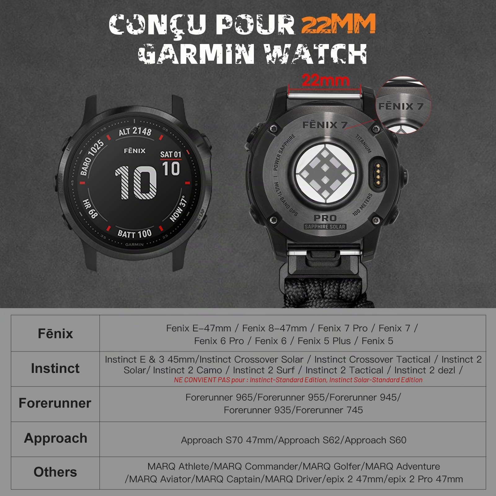 Bandletic 22mm Bracelet Compatible avec Garmin Fenix 6 Pro/6/7/7 Pro/8 47mm