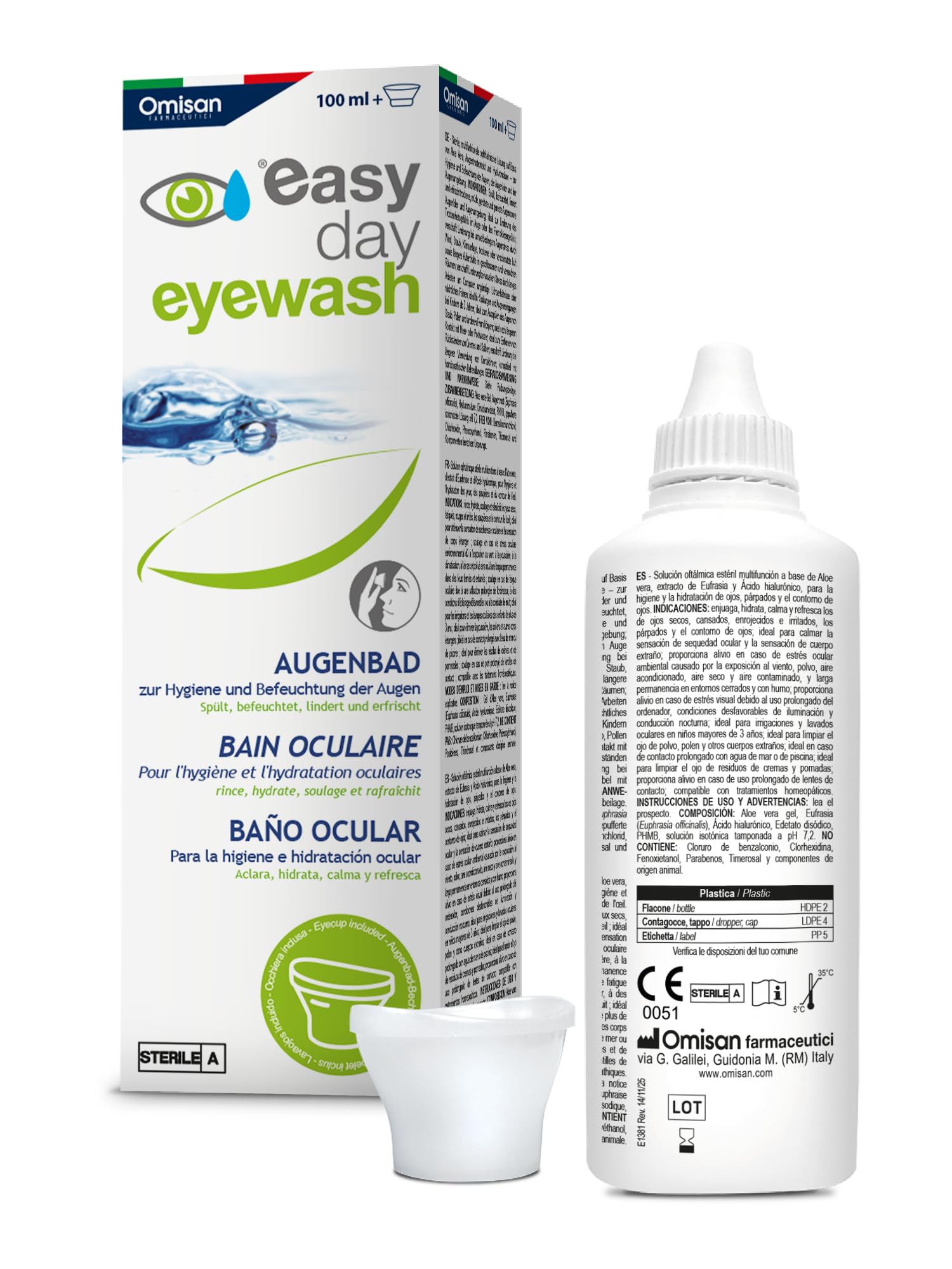 Easy Day Bagno Oculare Multi Azione, per Occhi Rossi, Stanchi e Irritati. Con Acido ialuronico ed Estratti Naturali - 100ml + Occhiera