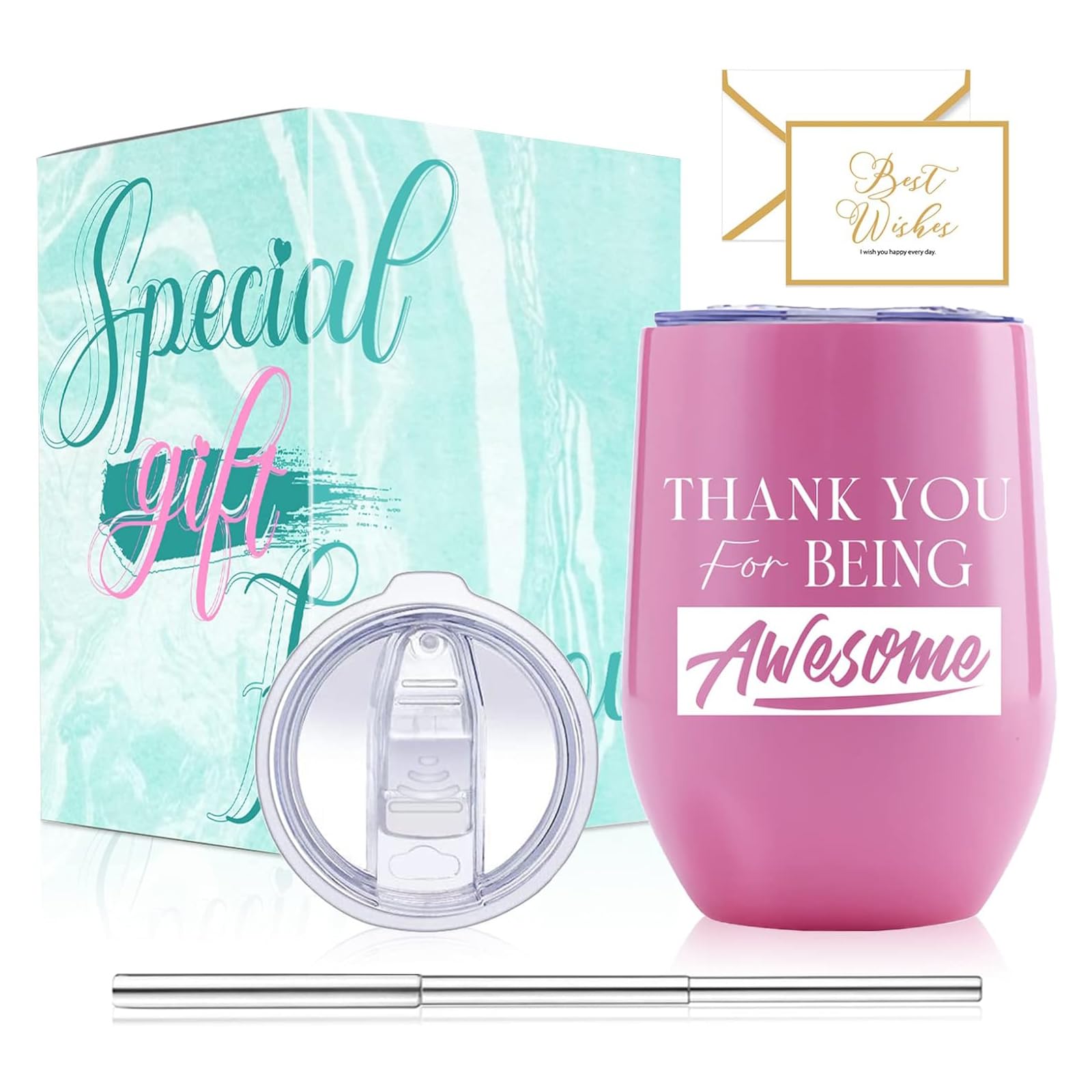HIYAA Mothers Day & Birthday Gift for Women - 12oz Vacuum Insulated Wine Glass with Lid & Straw