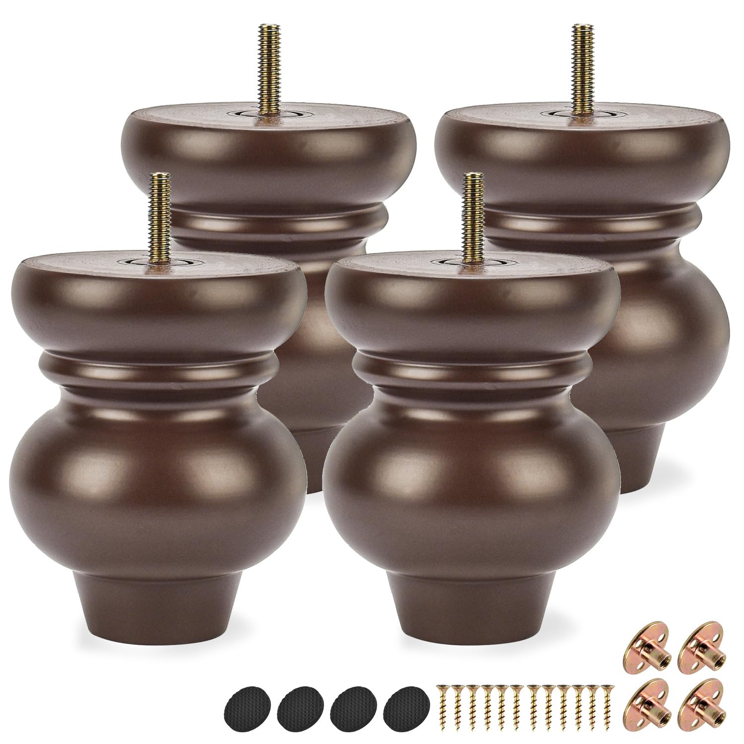 Btowin 4.8 Inch/12cm Solid Wood Furniture Legs,4Pcs Mid-Century Modern Walnut Turned Wooden Bun Feet with Threaded M8 Hanger Bolts & Mounting Plate & Screws for Sofa Couch Armchair Cabinet Recliner