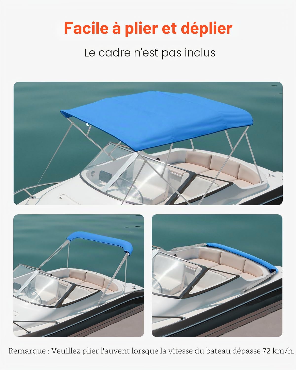 VEVOR Bimini pour Bateau à 4 arceaux, 243 cm, taud de Soleil imperméable avec Toile en Polyester 600D, Pare-Soleil, Sac de Rangement, Compatible avec Les Bateaux de Large 213-244 cm, Bleu Pacifique