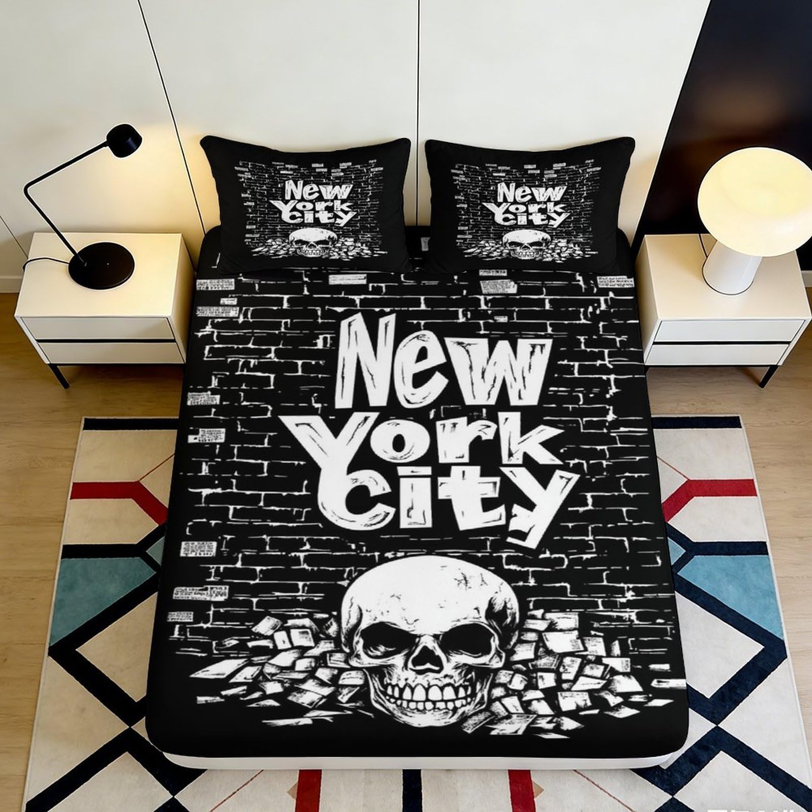 3D Printed New York City Skull Fitted Sheet Microfiber Black White Urban Graffiti Art Mattress Cover Bedroom Decor 120x200x25cm