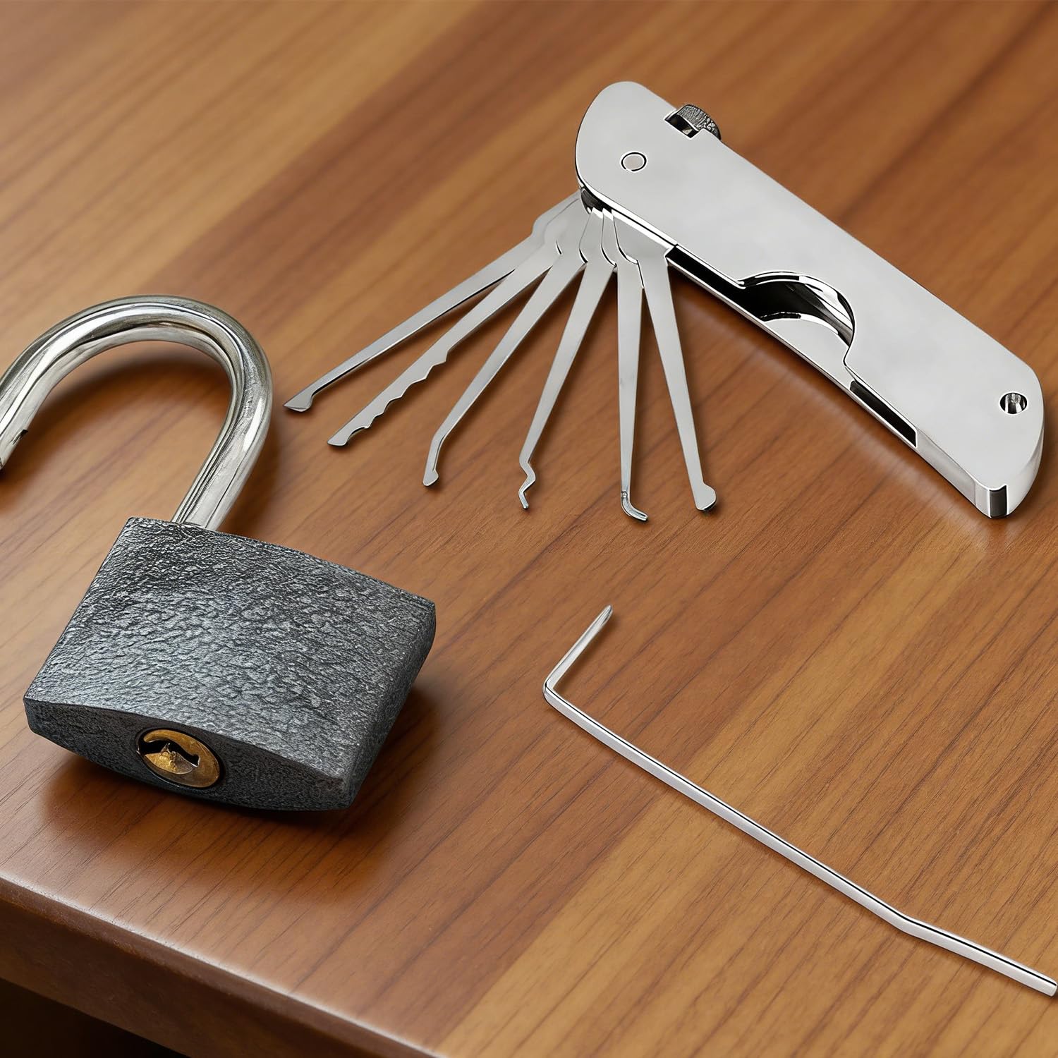 Kit di grimaldelli 7 in 1, portatile, pieghevole, in acciaio inox, per pratica e uso di emergenza, ideale per principianti
