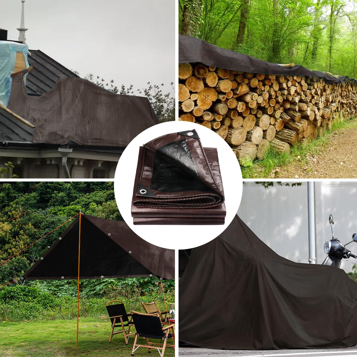 Onarway Lona impermeable y resistente: 5 m x 5 m, 150 g/m², impermeable, con ojales reforzados, lona multiusos para exteriores, color marrón y negro