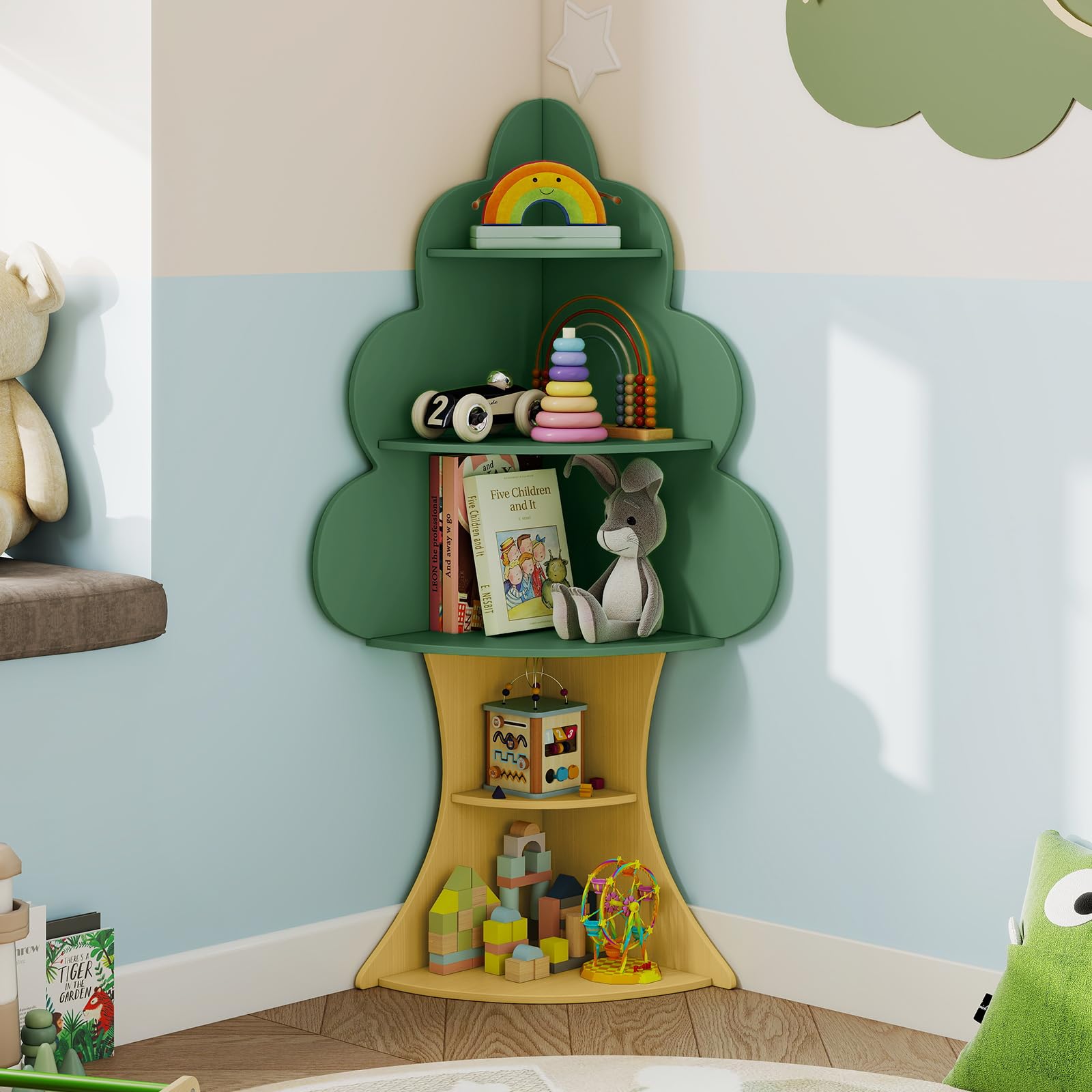 DREAMADE Bibliothèque d'angle pour Enfants 3+ Ans, 5 Étagères en Forme d'arbre pour Livres et Jouets, Parfaite pour Chambre, Salle de Jeux, Classe