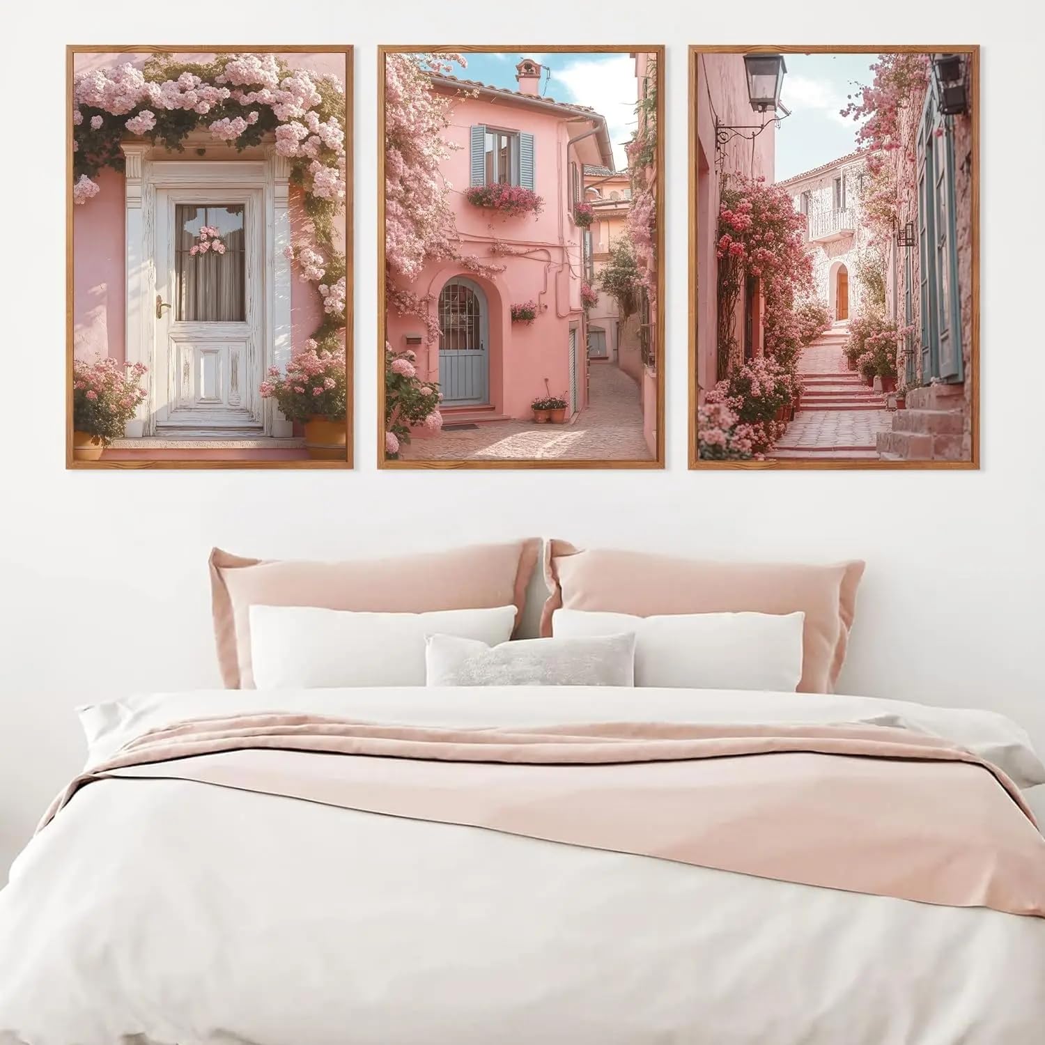 Ltjiajuypd Frameless Canvas Prints Retro Urban Landscape Wall Art Pink Flower Street Romantic House Decoration(40X55cm-3Pcs)