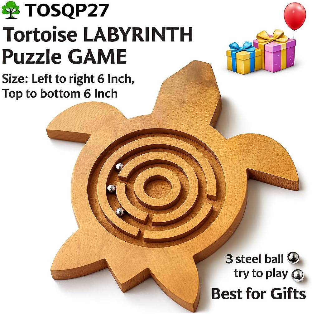 TOSQP27 Gift Tortoise Labyrinth Maze Puzzle Brainteaser Game for Adults, Turtle Toy Wooden Handmade, Hand Eye Coordination Brain Teaser – Stress Relief & Focus Enhancing