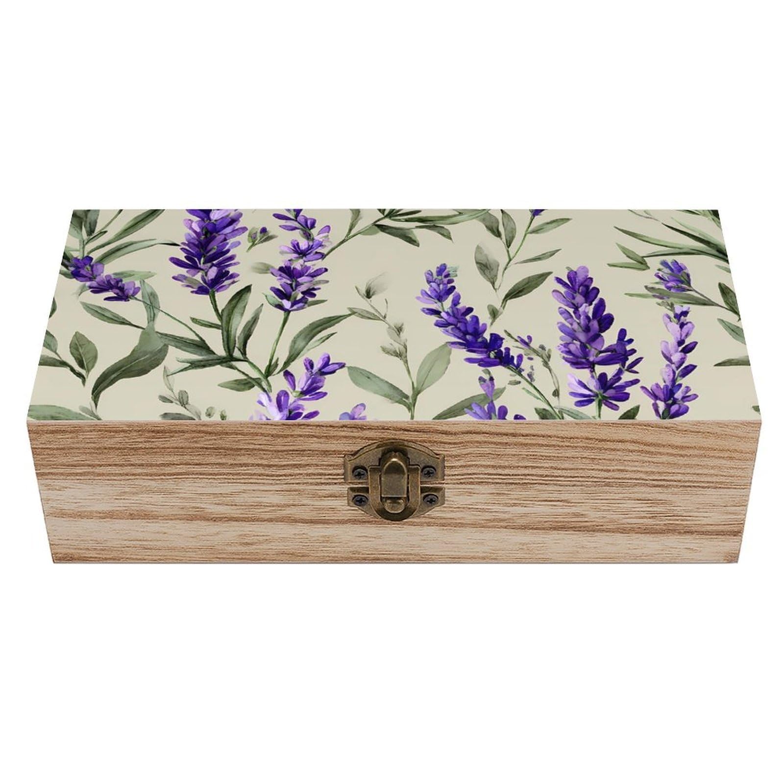 HLBSDM Lavender Plants Leaves Flowers Wooden Storage Box Craft Memory Keepsake Treasure Chest Box Jewelry Organizer
