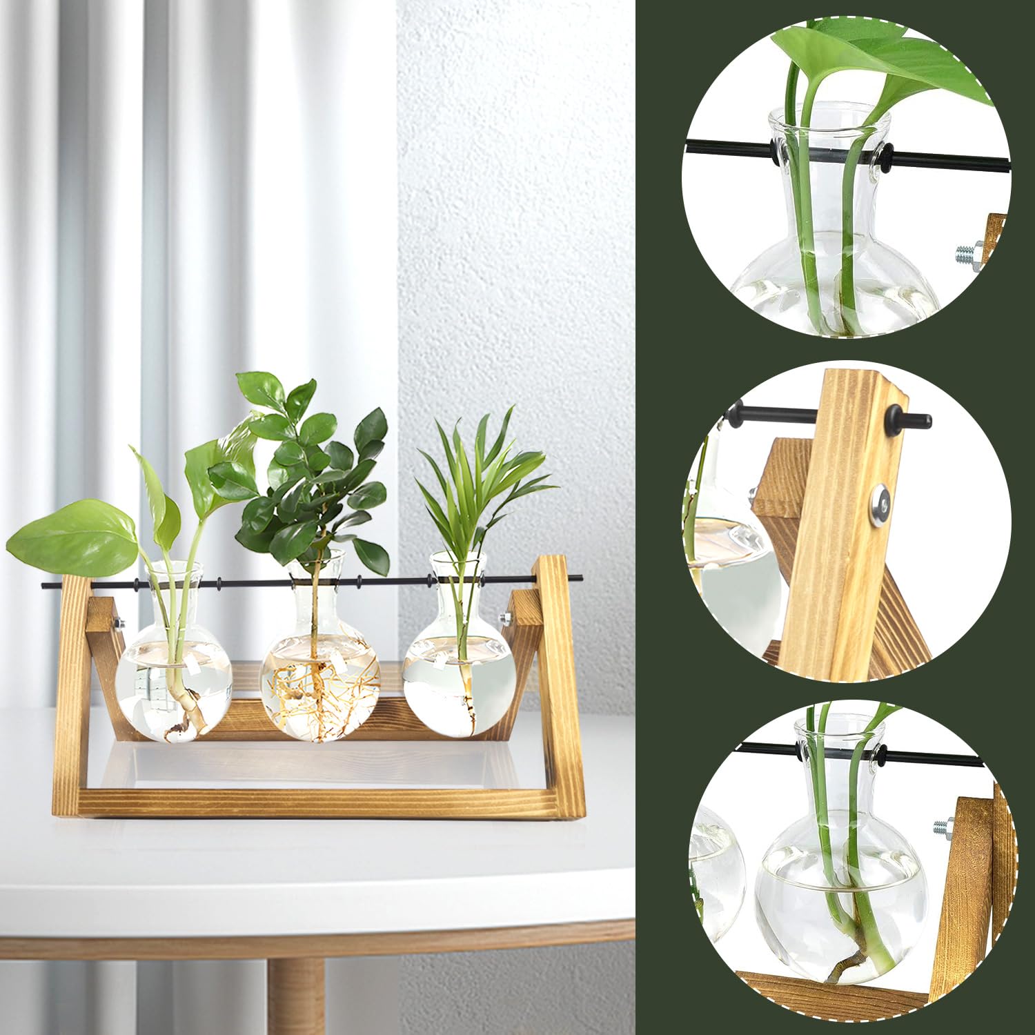 Vaso In Vetro Con Supporto In Legno Per Idrocoltura – Decorazione Da Scrivania 3 Lampadine, Stile Retrò Per Casa O Ufficio