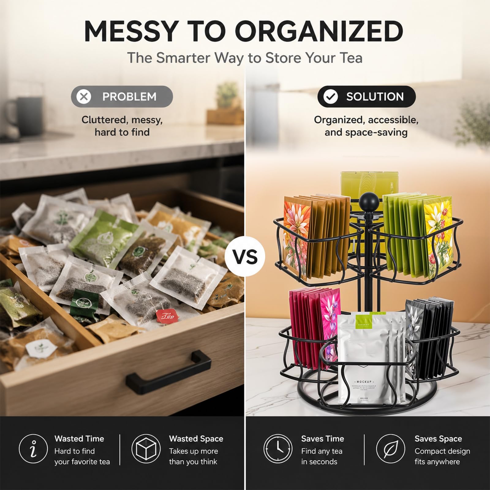 Organisateur Rotatif pour sachets de thé à 2 Niveaux, boîte à thé en métal avec 8 Compartiments, étagère de Rangement Polyvalente pour Le Bureau et Le Salon