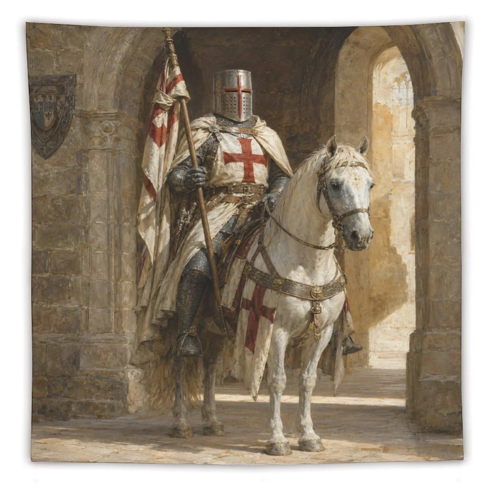 H3B8U2Y5 Crusader Knight Wall Tapestry, Renaissance Art Style, Golden Sky
