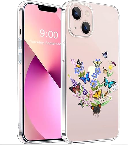 Unov Funda compatible con iPhone 13, transparente con diseño en relieve, patrón floral en relieve, TPU suave, parachoques delgado, protector de 6.1