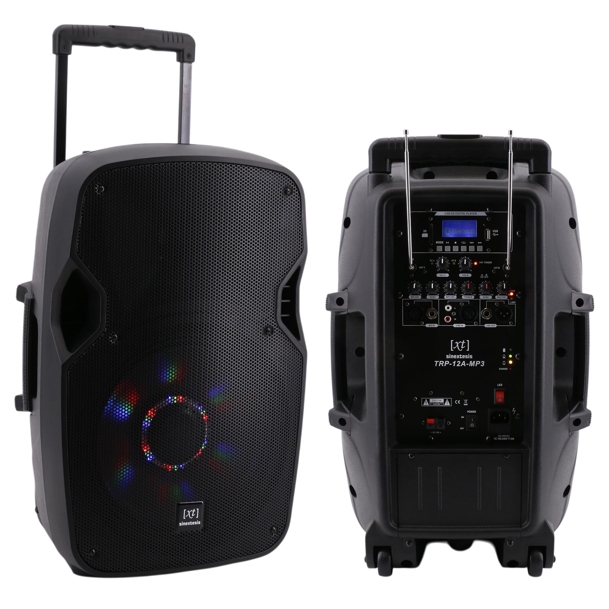 Diffusore Trolley Attivo Cassa Portatile Ricaricabile MP3, BlueTooth, USB, SD Card, Radio FM, 400W musicali (LF 12" + HF 1") con 2 Radiomicrofoni e illuminazione LED