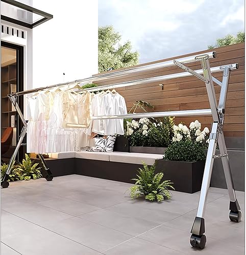 Miniatura 6 de Estante de secado de ropa de acero inoxidable de 94 pulgadas, perchero plegable para ropa, perchero de ropa ajustable de longitud ajustable,