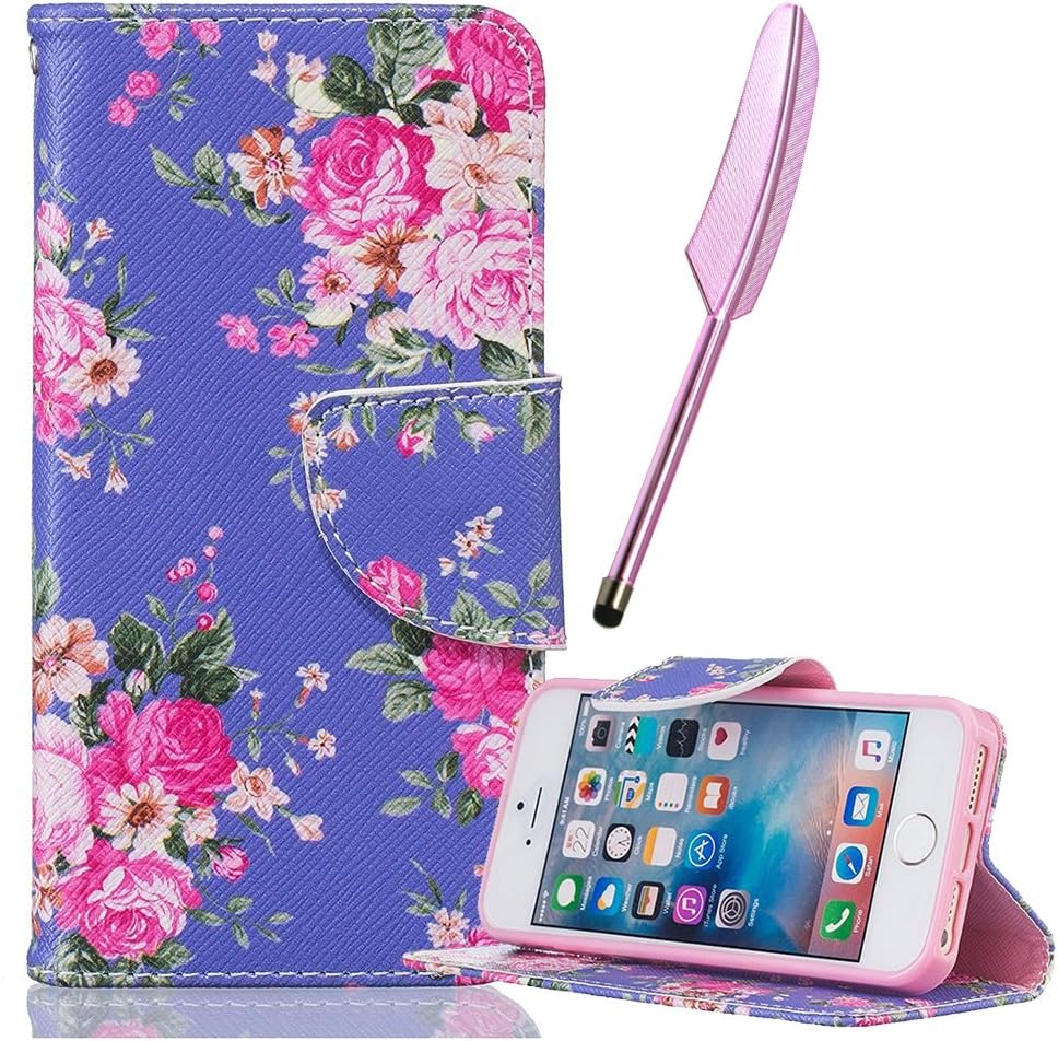 iPhone SE Flip Case, iPhone 5S PU Leather Cover Blue, Vioela Built-in Stand Leather Wallet Case Holster Flip Cover with Card Slots /Compartment for Apple iPhone 5S/5 & Apple iPhone SE with Free Stylus - Classic Pink Rose Floral Pattern