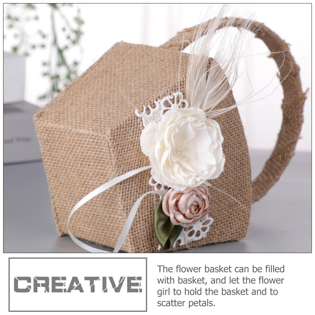 Artibetter Panier de Demoiselle D'honneur Rustique en Lin Ensemble de Mariage Coussin Annulaire et Décoré de Fleurs Artificielles pour Cérémonie de Fiançailles