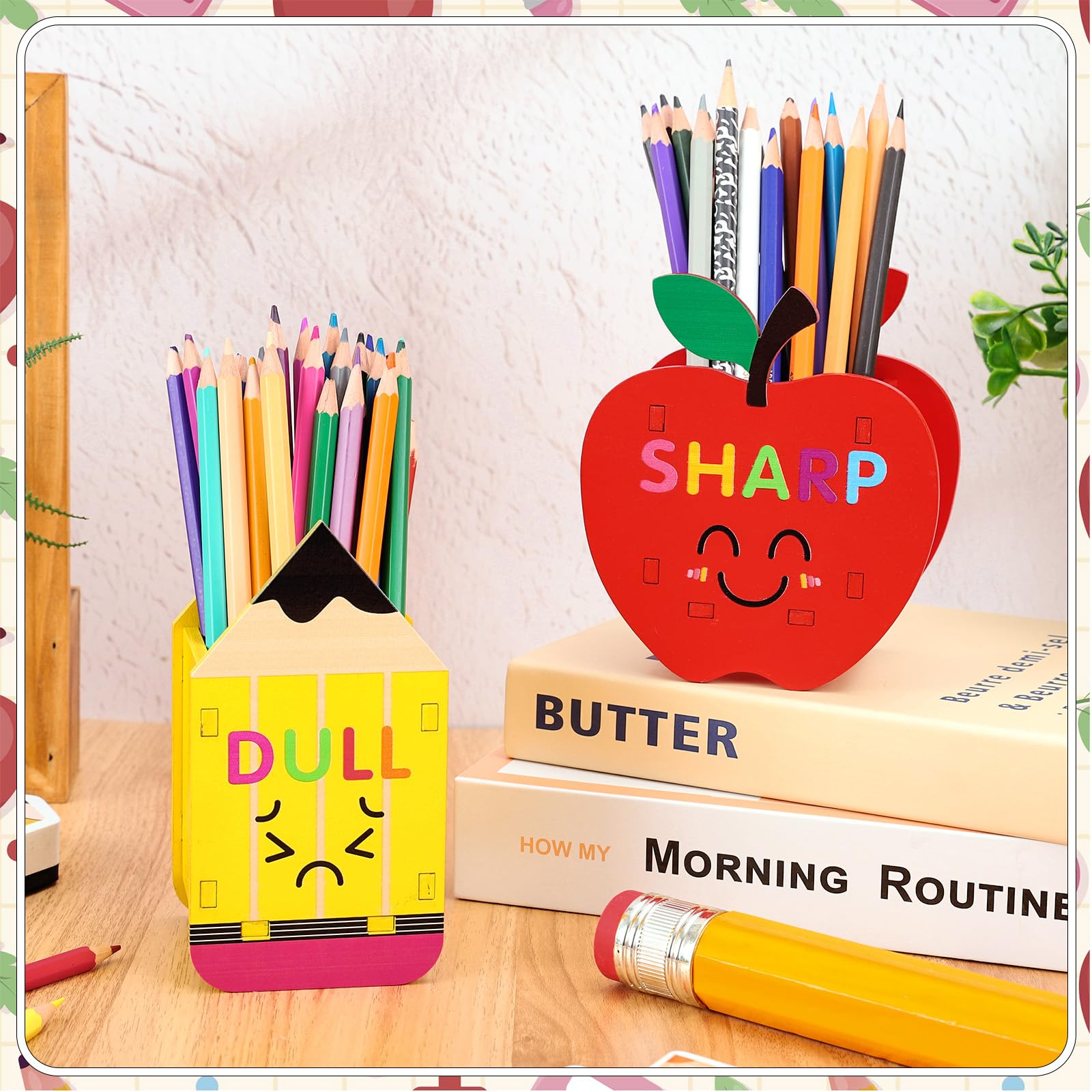 FYSUIMU Stiftehalter, scharf, stumpf, lustig, Cartoon-Bleistift, Apfel, DIY, Holzspender, Aufbewahrung für Schulanfang, Lehrer, Klassenzimmer, Organisation, 2 Stück