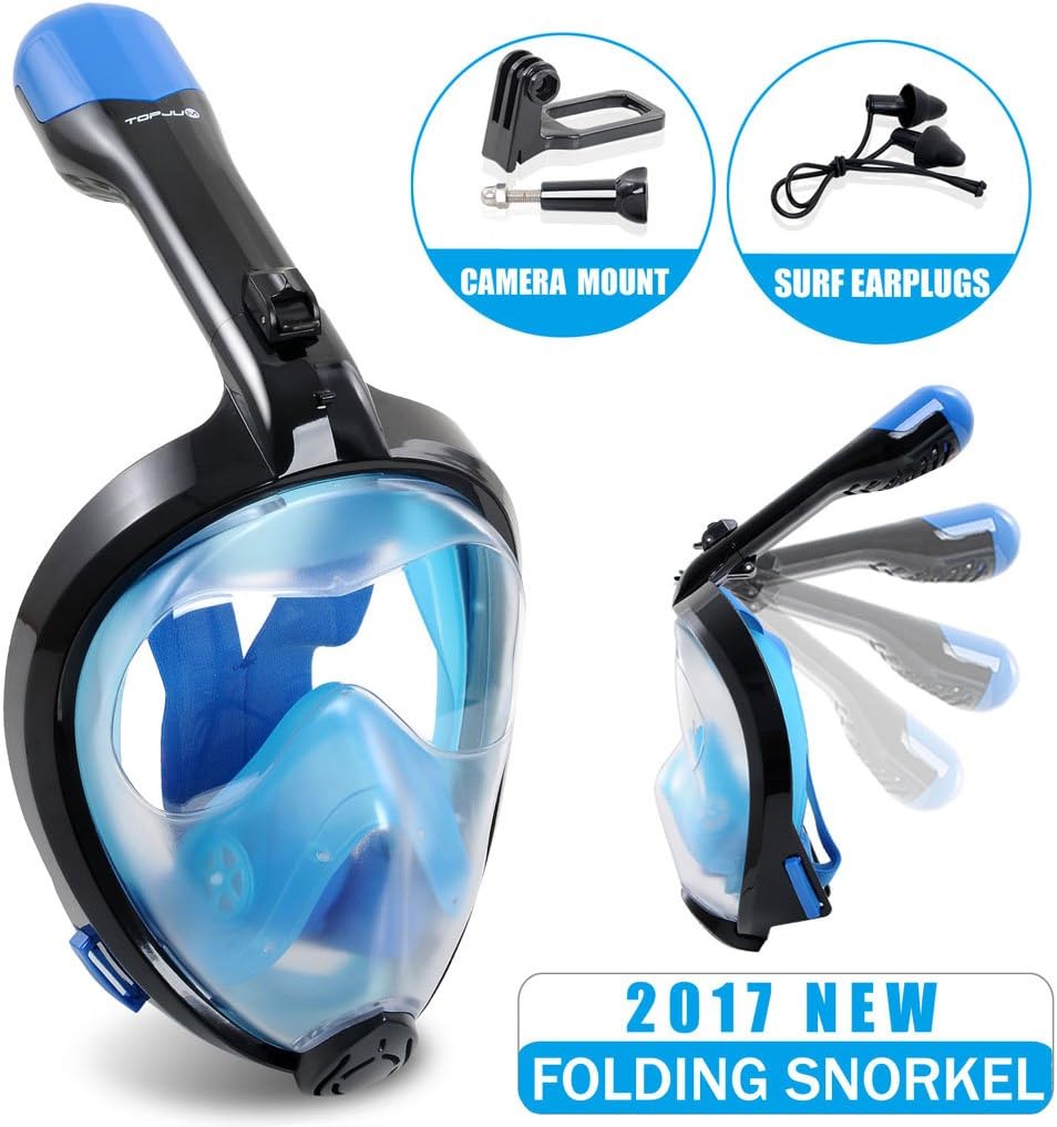 TOPJUM Full Face Snorkel Mask Easy Breathing 180°Panoramic View Diving Mask Anti Fog Camera Mount Anti Leak Snorkeling Underwater for Adult & Youth (Black, Large)