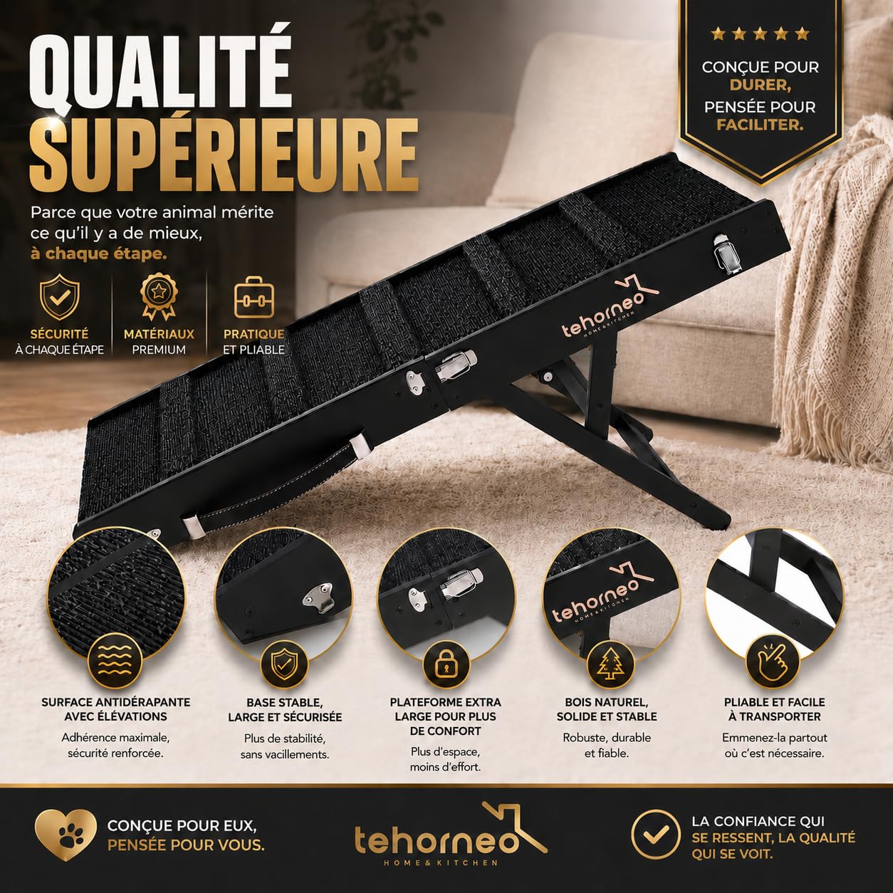 TEHORNEO Rampe pour Chien, Rampe Chien 4 Hauteurs de 25 cm à 41 cm, Escalier pour Chien Supporte jusqu'à 20 kg avec Tapis Antidérapant, Rampe pour Chien Canapé, Rampe pour Chat, Escalier Chien