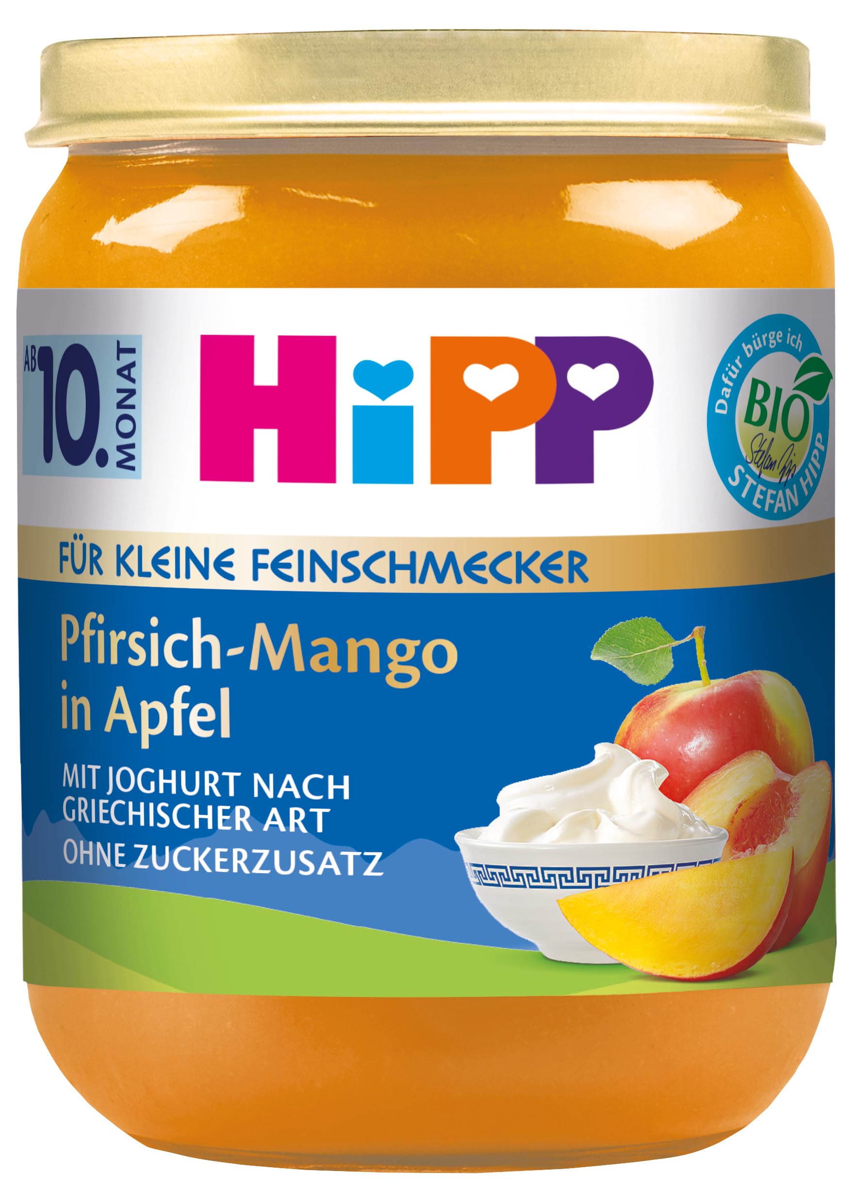 Hipp für kleine Feinschmecker Früchte-Duett, Pfirsich-Mango in Apfel mit Joghurt nach griechischer Art, 6er Pack (6 x 160 g)