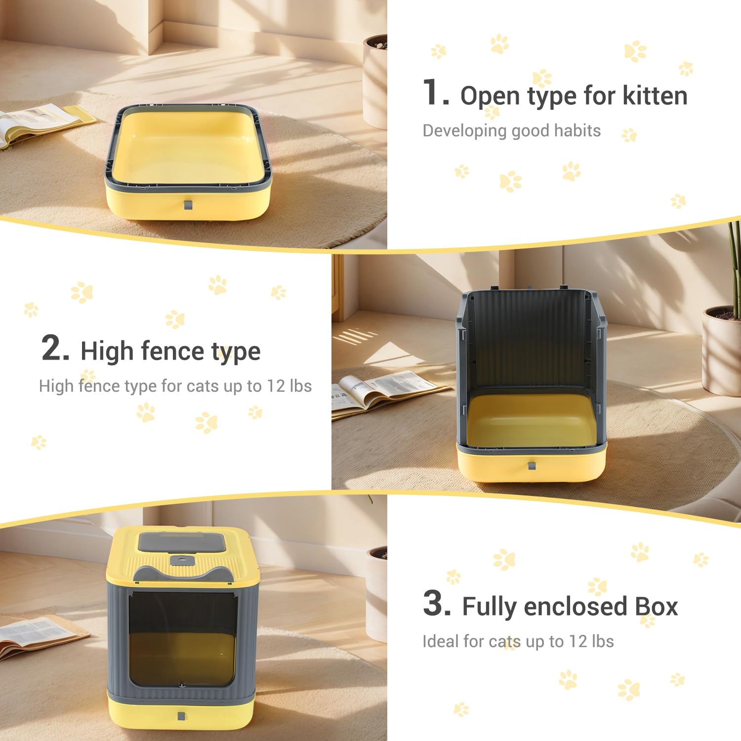 Upgraded Fully Enclosed Cat Litter Box with Lid, Covered Cat Box Enclosure, Anti-Splashing Easy to Clean Kitty Litter Boxes with Drawer, 3 Modes can Use from Kitten to Adult(Yellow&Grey)