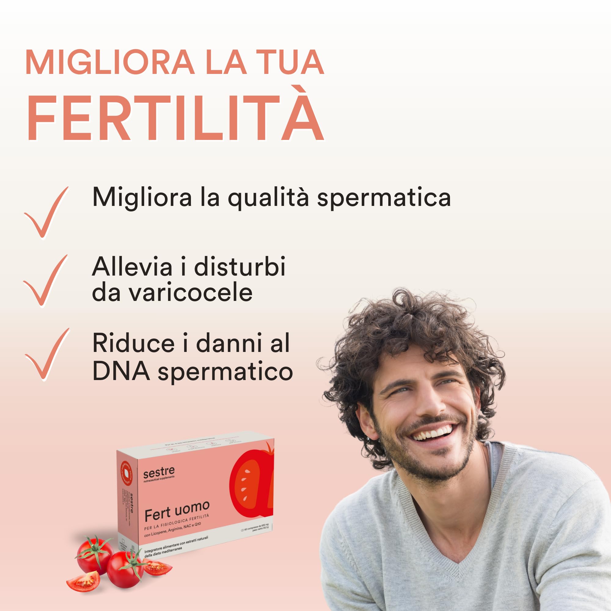 Sestre Fert Uomo, Integratore per la Fertilità Maschile, Aiuta a Mantenere Normali i Livelli di Testosterone, con Licopene, Selenio, Zinco e Altri Attivi Nutraceutici, 60 Compresse