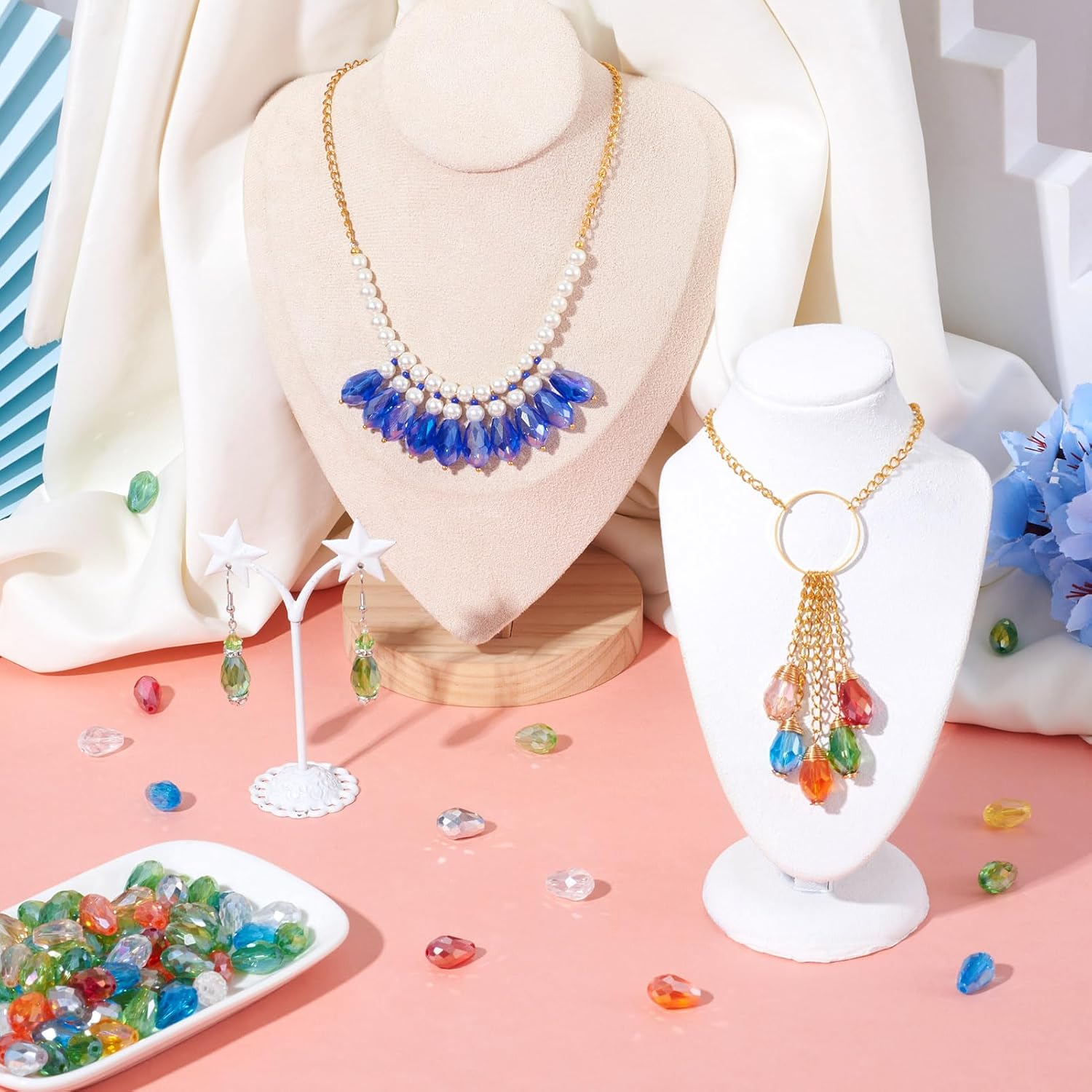 Craftdady 280Pcs Faceted Glass Teardrop Beads Colorful Water Drop Glass Crystal Loose Beads Stands AB Color Charms 15x10mm for DIY Jewelry Crafts Making