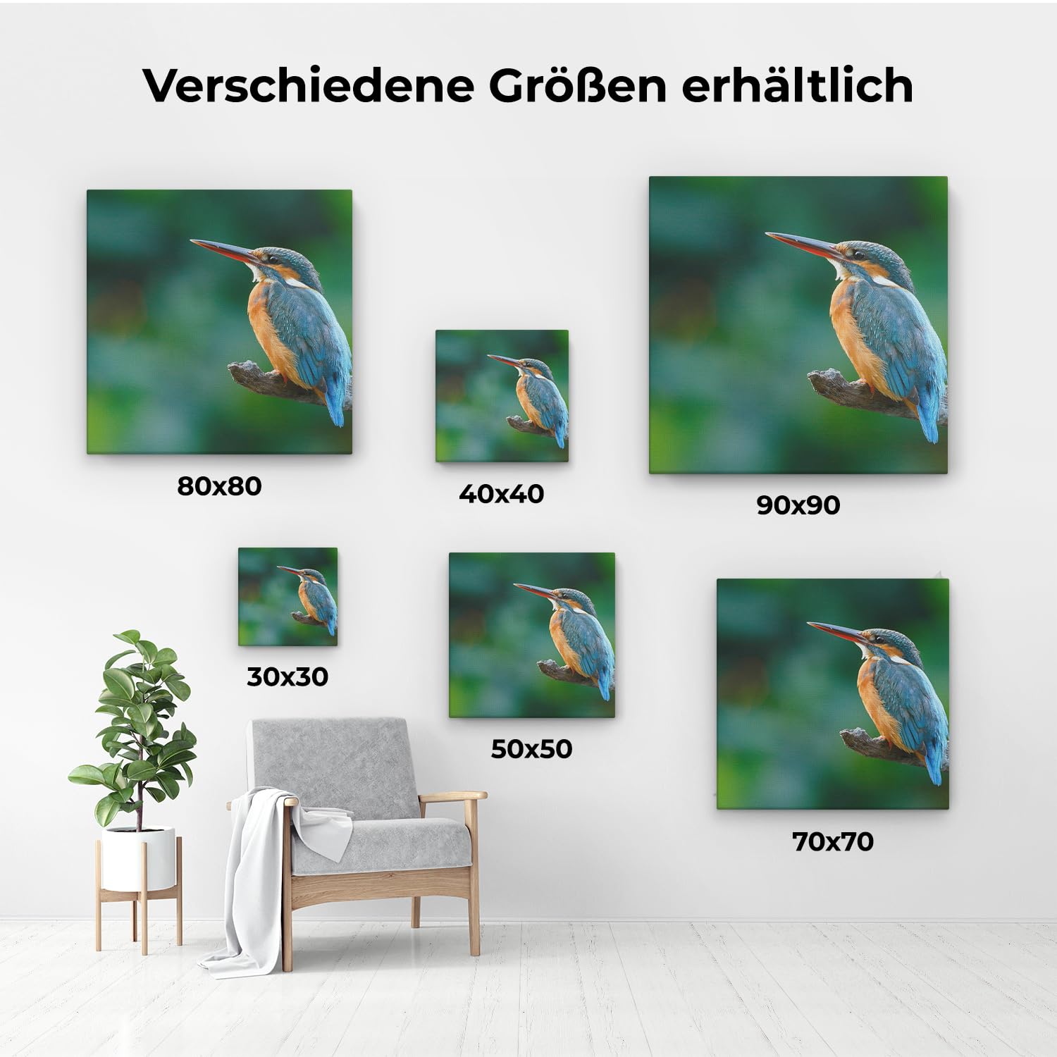 Artaza Leinwand Bilder Eisvogel - 90x90 cm - Groß XXL - Wanddeko Wohnzimmer - Naturbilder Vogel - Wandbilder Wald - Blau