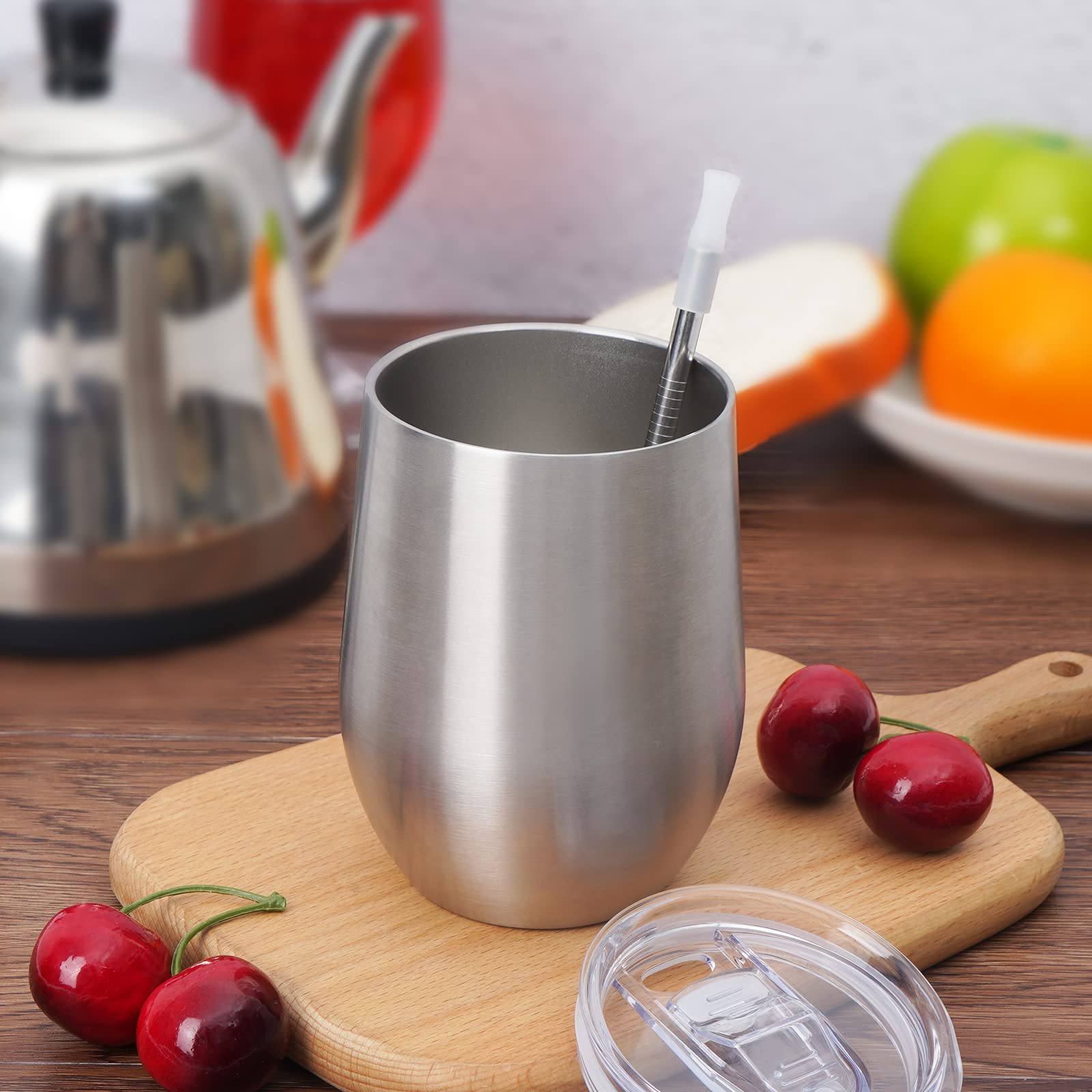 Joymaking Stemless Lot de 4 gobelets à vin en acier inoxydable avec couvercle, double paroi pour lait, café, vin, bière, champagne, cocktails, argent
