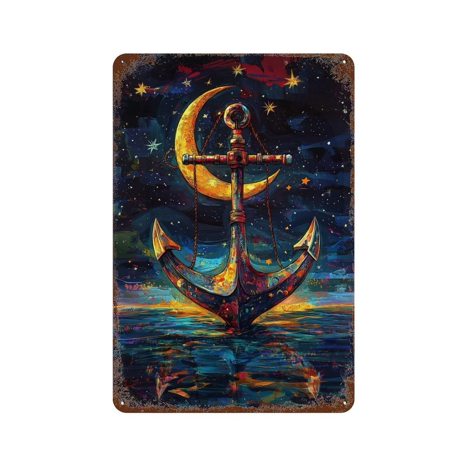 Magical Moonlit Anchor Painting Aged Metal Wall Plaque 11.8"x7.9", for Office, Studio And Wall Decor, Novelty Wall Decor
