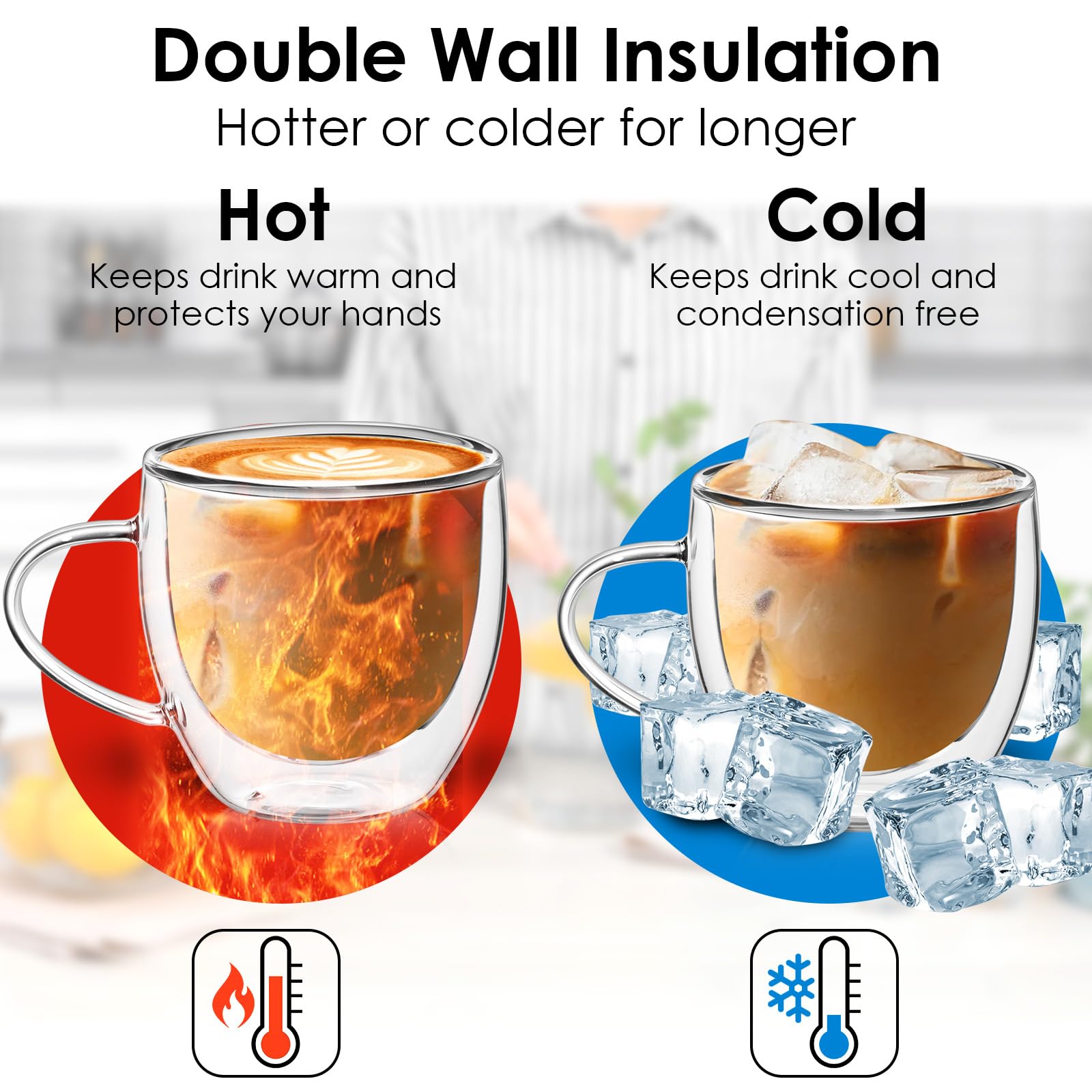 TKNO Confezione da 4 bicchieri da caffè a doppia parete da 380 ml, isolati, stile barista, in vetro trasparente, per latte, cappuccino, bianco piatto, tazze da caffè in borosilicato resistente al