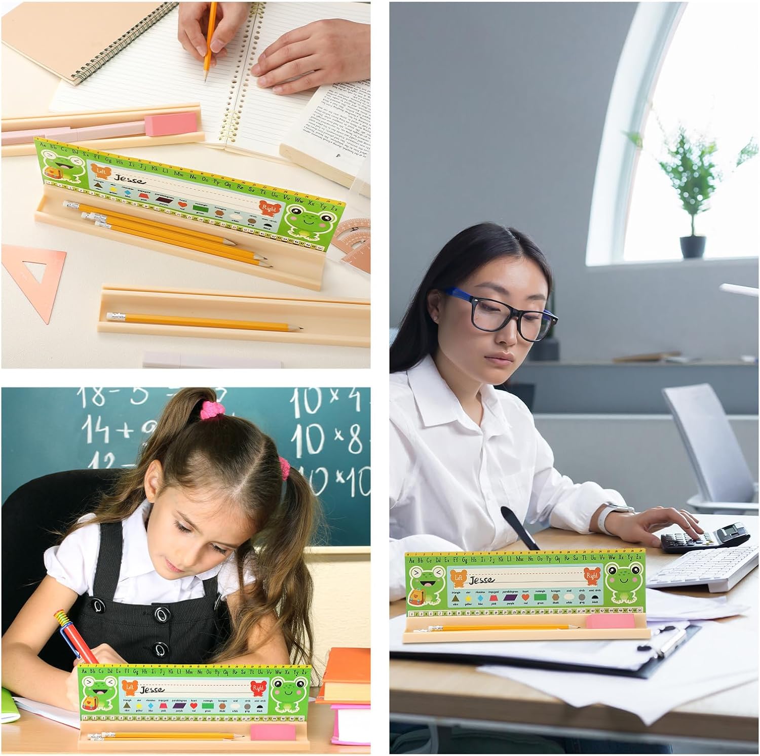 Teling 24 Pcs Name Plate Holder for Desk Self Adhesive and Removable Nameplate Stand with Pen Holder Beige Plastic Name Tag Holder with Adhesive Grip for Student Classroom School, 1.5 x 12 x 1 Inch