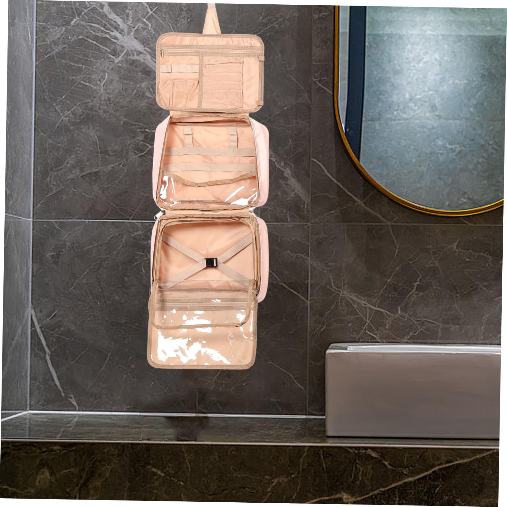 Trousse de Toilette de Voyage Suspendue en Cuir PU, Grosse Capacité, Compartiments Multiples et Rangements, pour Voyage et Usage Extérieur