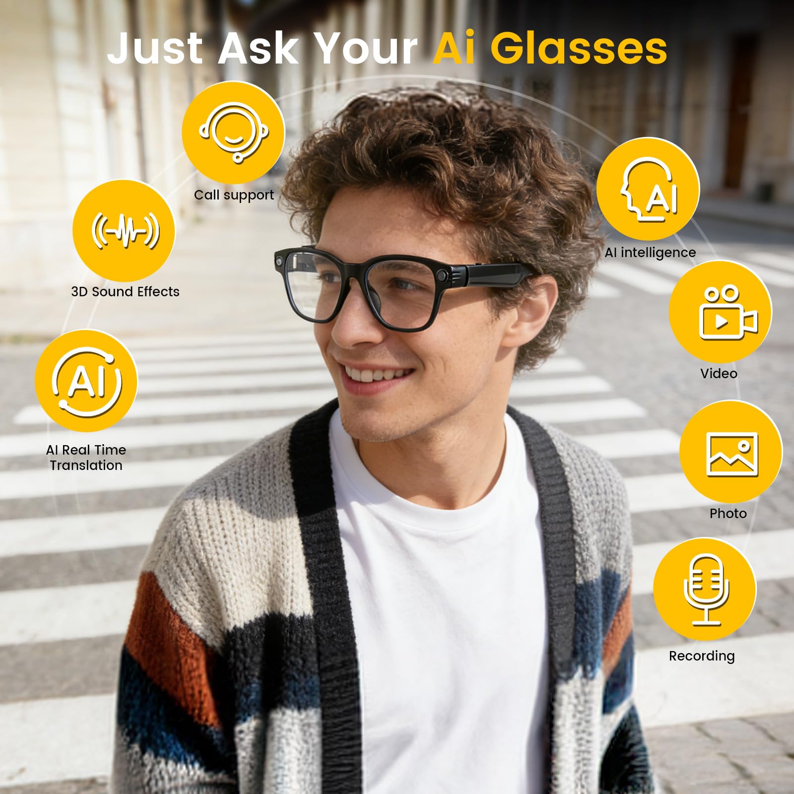 Gafas inteligentes AI con cámara HD de 8MP y video de 1200P – Lentes intercambiables, batería de 270mAh, micrófono dual con reducción de ruido, Bluetooth, WiFi y traducción en vivo – para