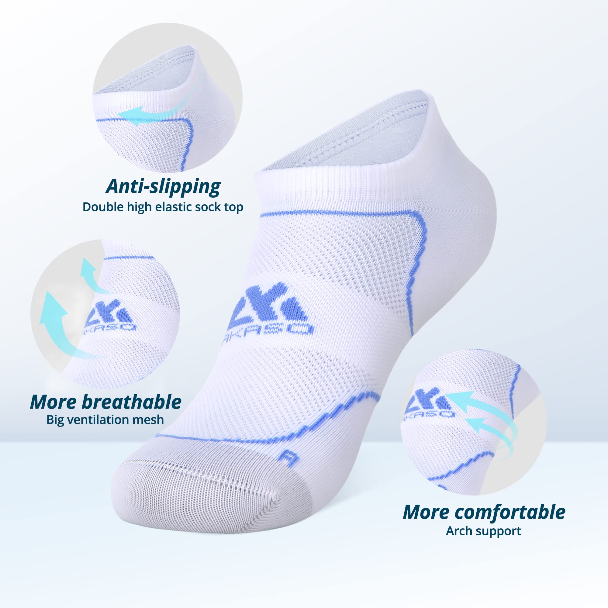 AKASO Anti-Odor Ankle Running Socks, Silver Fiber Low Cut Athletic Socks for Men and Women - 2 Pack (White, M)