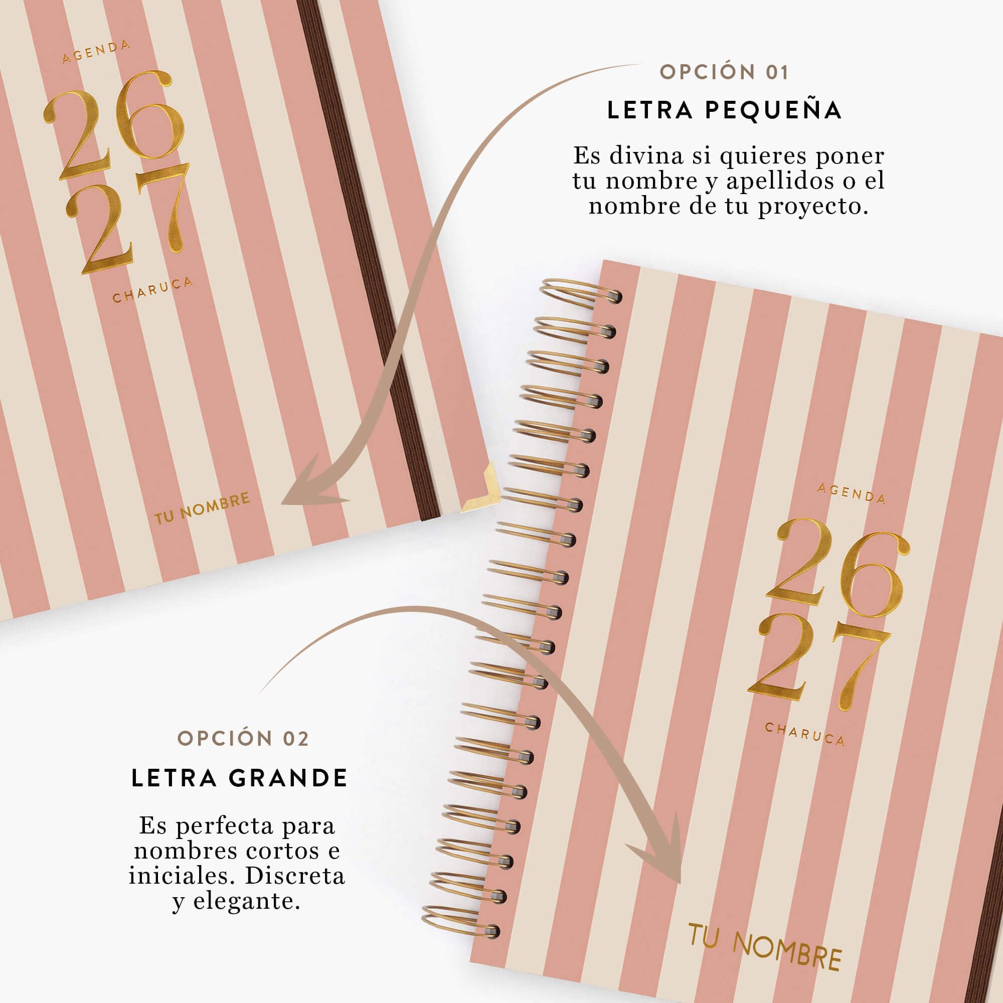 Charuca Akademischer Terminkalender 2026-2027 TAGESANSICHT – Hardcover mit Golddetails, Großes Format – Inklusive schützender Stofftasche und Lesezeichen (Rayas Pink)