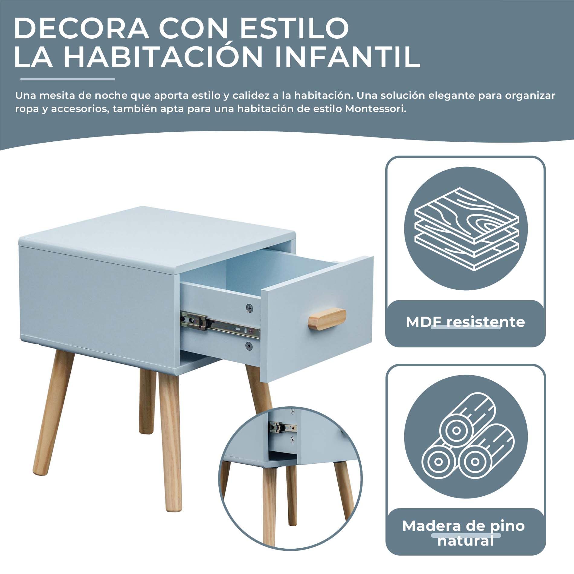 Rebecca Mobili Mesita de Noche para Habitación Infantil, Mesita con 1 Cajón, Celeste Marrón, MDF Pino, para Cama Montessori, Estilo Escandinavo - Dimensiones AxAnxFon: 44 x 35 x 35 cm - Art. RE7142