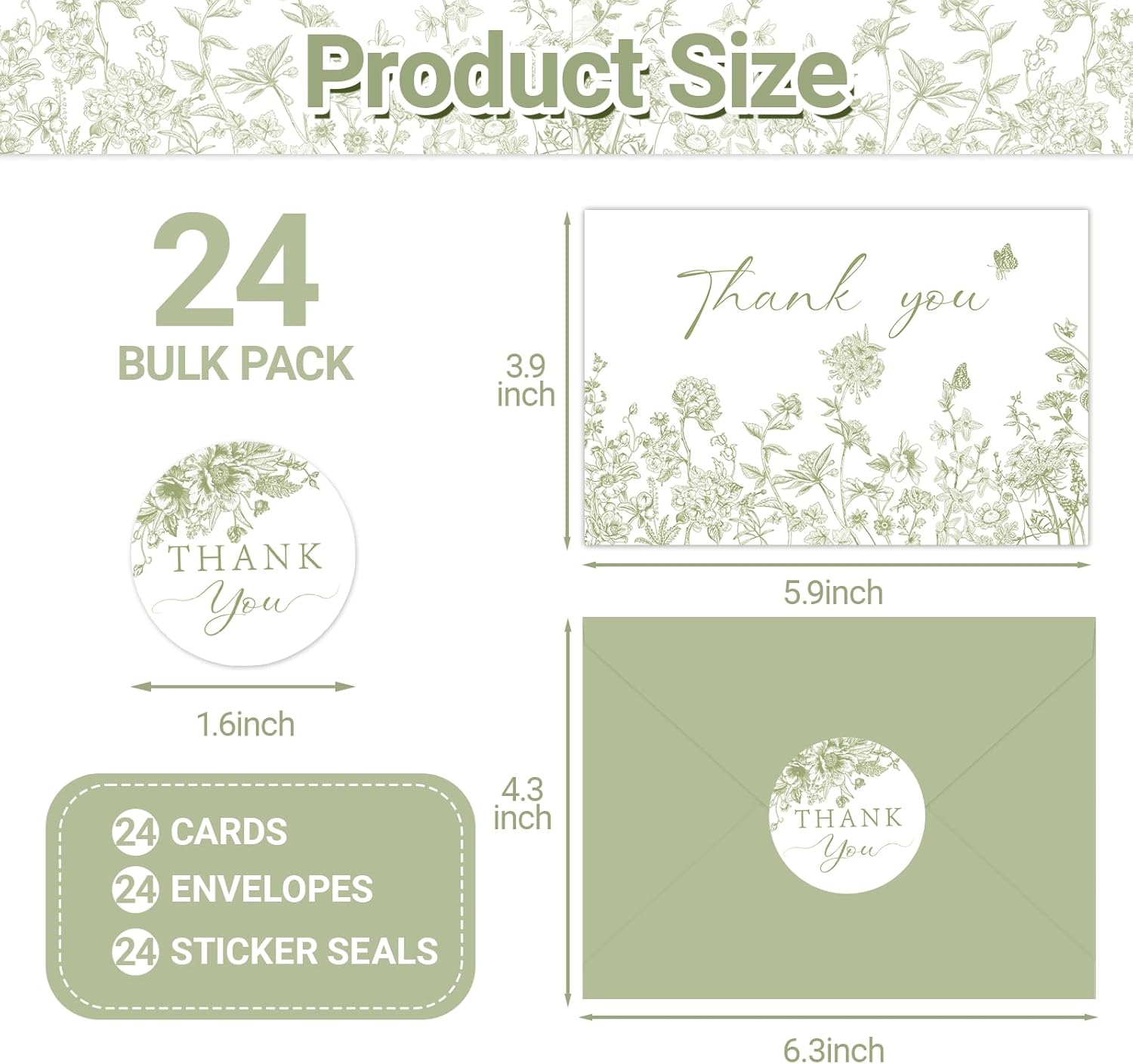 24 Pack Sage Green Floral Thank You Cards With Envelopes Stickers, Wedding Floral Thank You Card Greenery Bridal Shower Birthday Supplies - Image 2