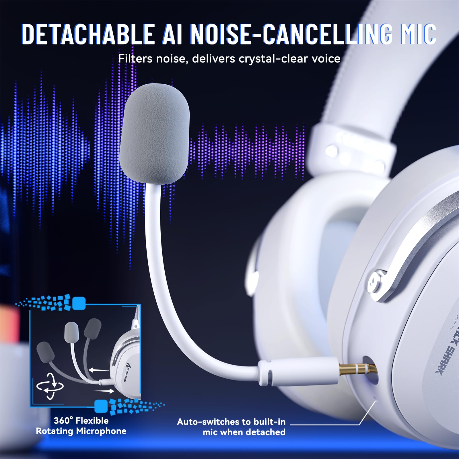 ATTACK SHARK L30PRO Wireless Gaming Headset, 7.1 Surround Sound 50mm Bio-Treiber, 3-Modus 2.4G/BT 5.3/Kabelgebundene Kopfhörer mit Abnehmbarem Mikrofon für PC/PS/Switch, 84H Spielzeit-Weiß