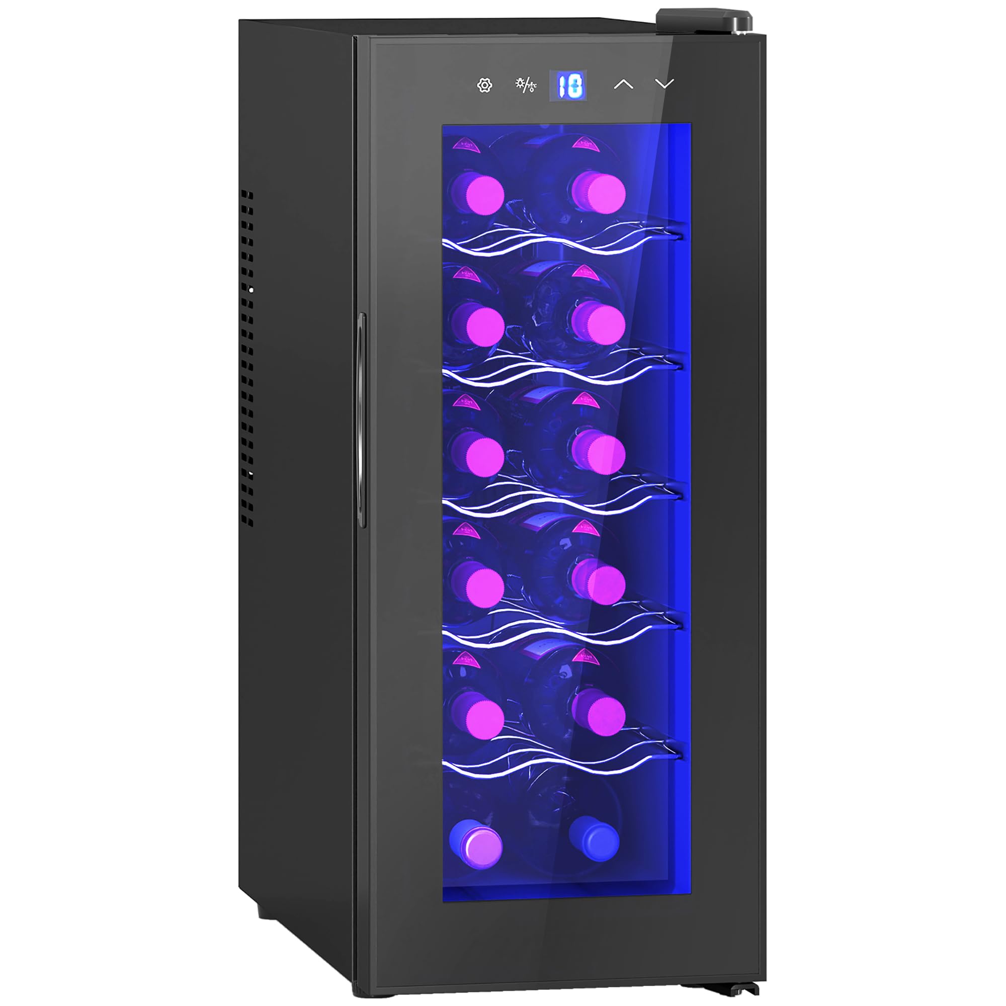HOMCOM Bodega Refrigerada 12 Botellas 34L Bodega de Vino de Temperatura Única 8-18℃ con Cristal Anti-UV, Termoeléctrico, Estantes Ajustables, Pantalla Táctil, Luces LED, Clase E, Negro